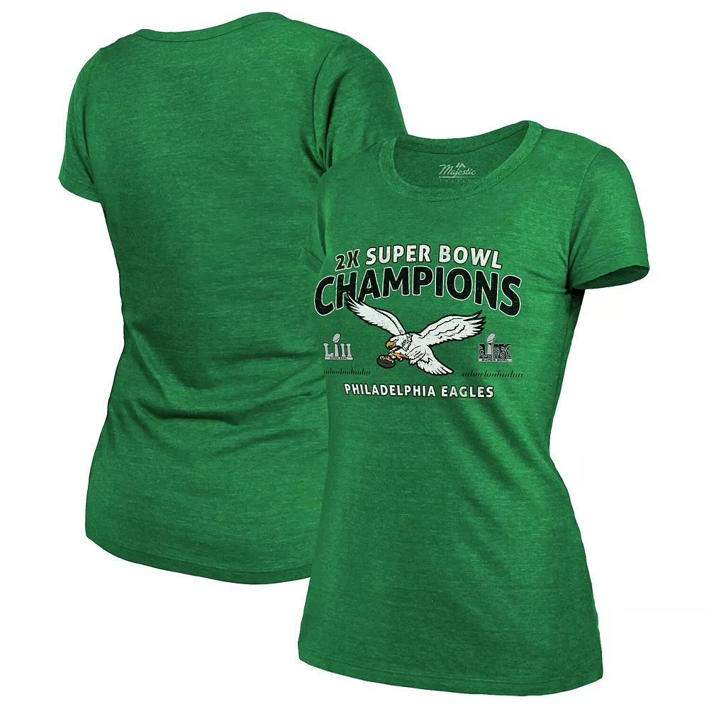 Women's Majestic Threads  Kelly Green Philadelphia Eagles Two-Time Super Bowl Champions Sky High Retro Tri-Blend T-Shirt, Size: Small Product Image