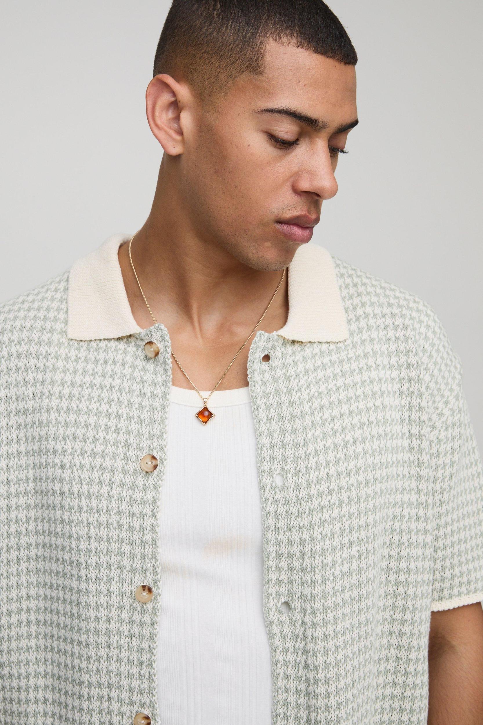 Regular Fit Houndstooth Knitted Shirt | boohooMAN USA Product Image