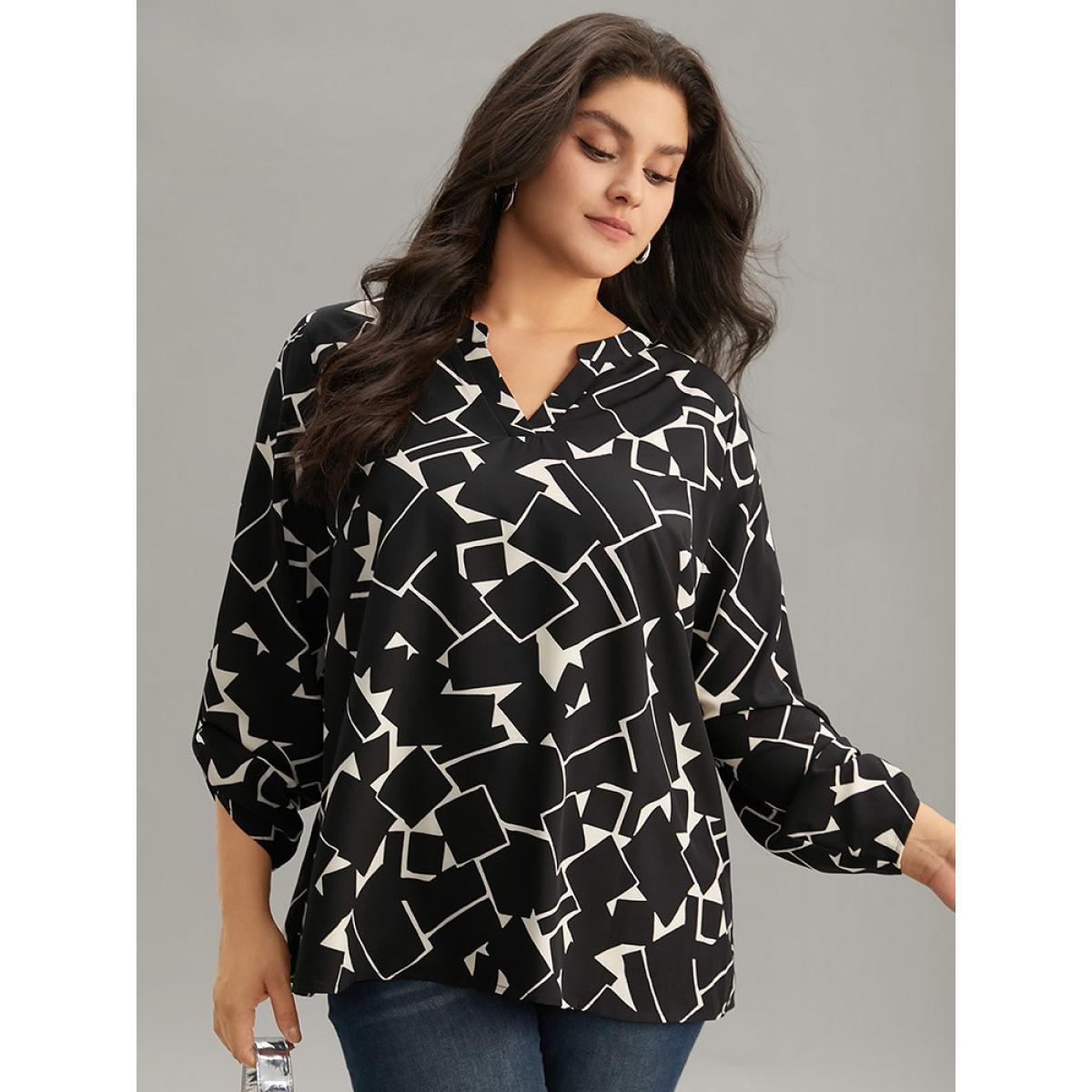 Plus Size Black Geometric Notched Tab Sleeve Blouse Women Office Elbow-length sleeve Notched collar Work Blouses BloomChic 22-24/3X Product Image