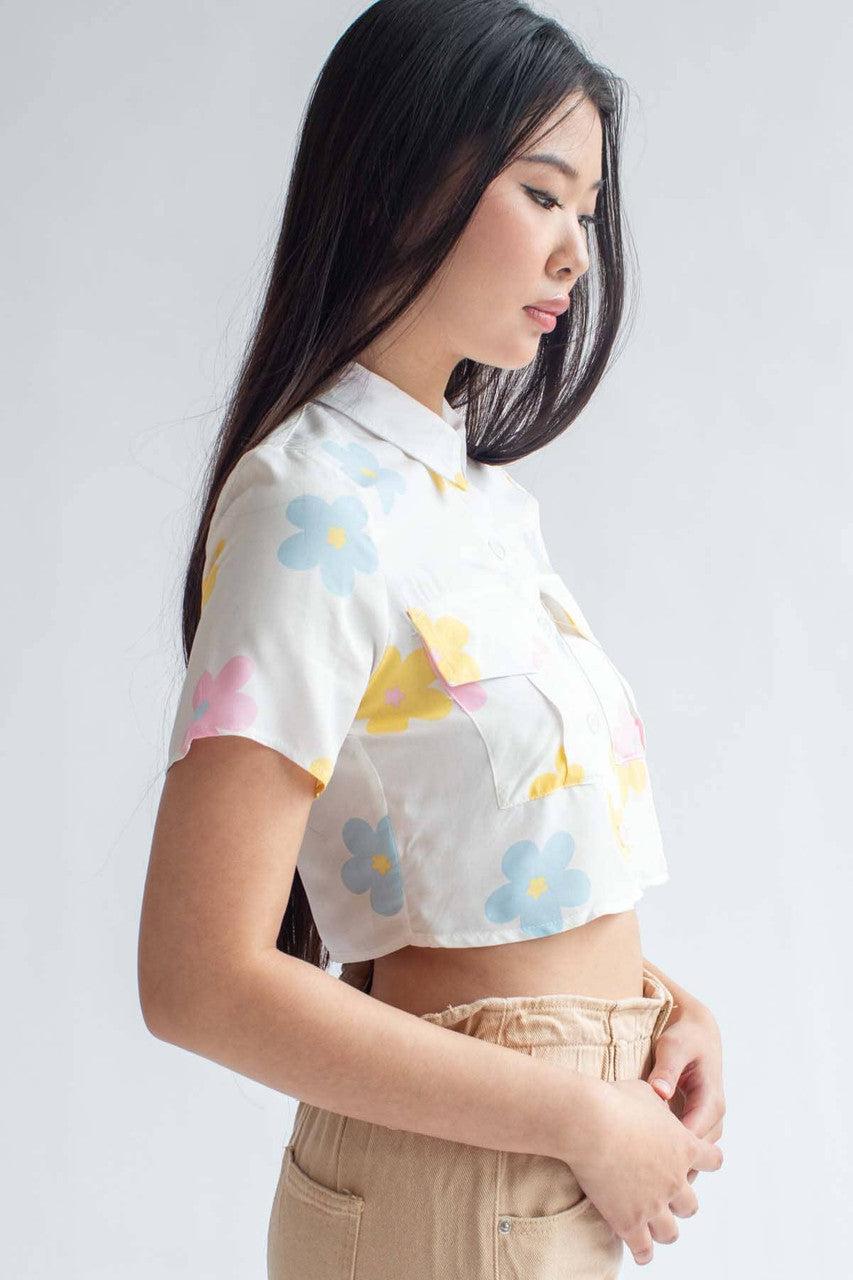 Spring Floral Cropped Button Up Shirt Product Image