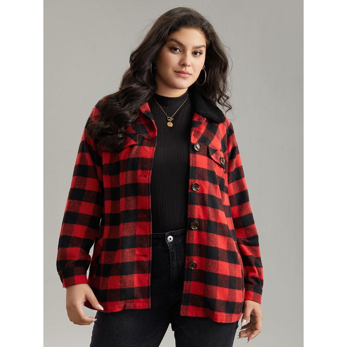 Plus Size Plaid Button Through Patchwork Contrast Shacket Women Red Casual Contrast Ladies Dailywear Winter Coats BloomChic 22-24/3X Product Image