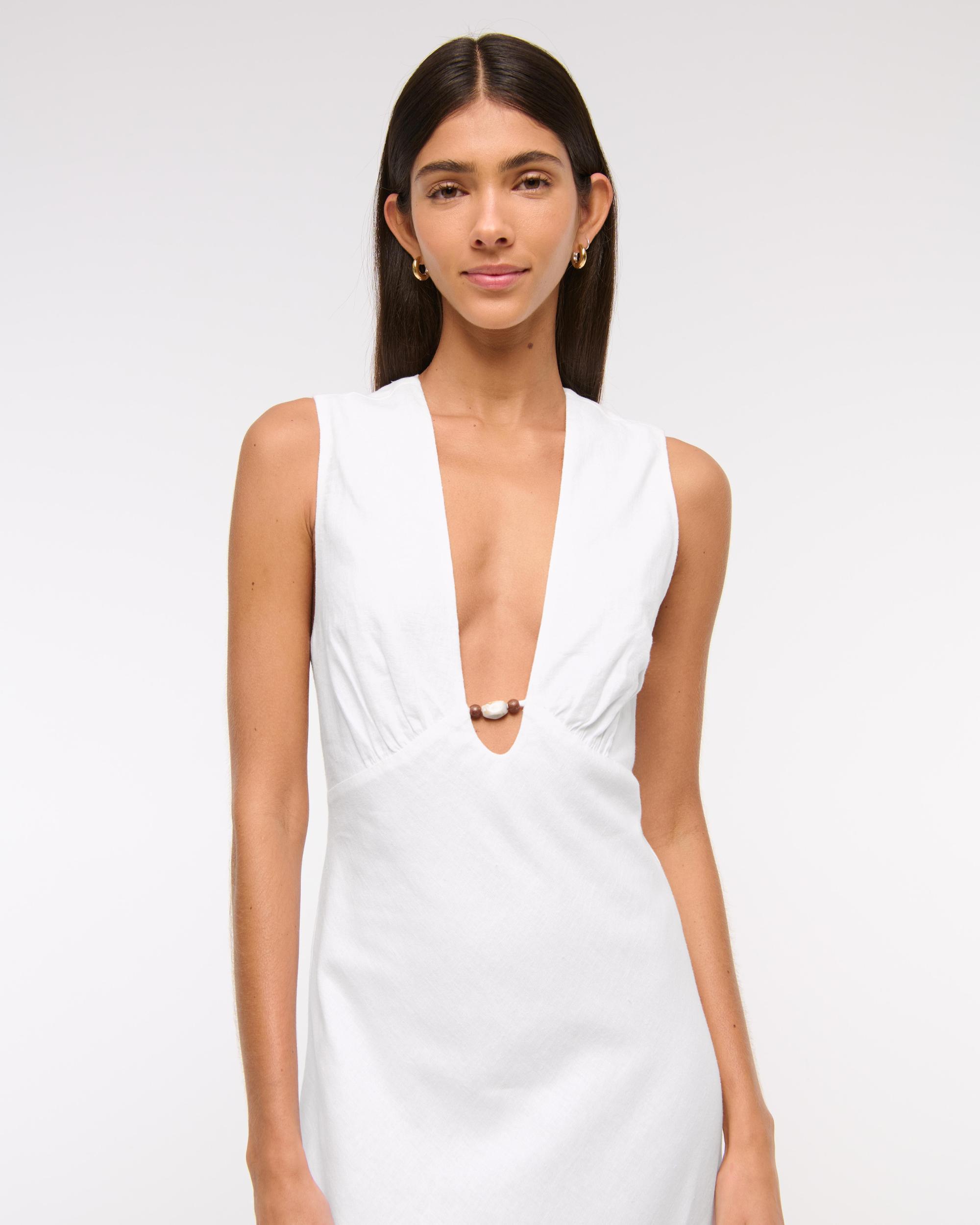 Beaded Plunge Linen-Blend Maxi Dress Product Image