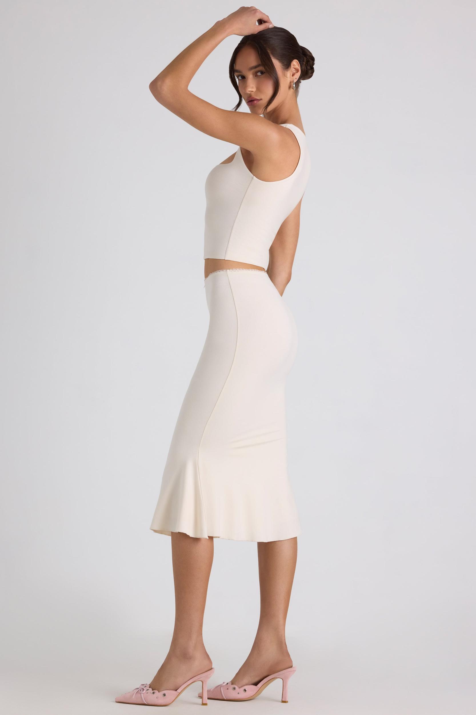 Modal Bow-Detail Mid-Rise Midi Skirt in Ivory Product Image