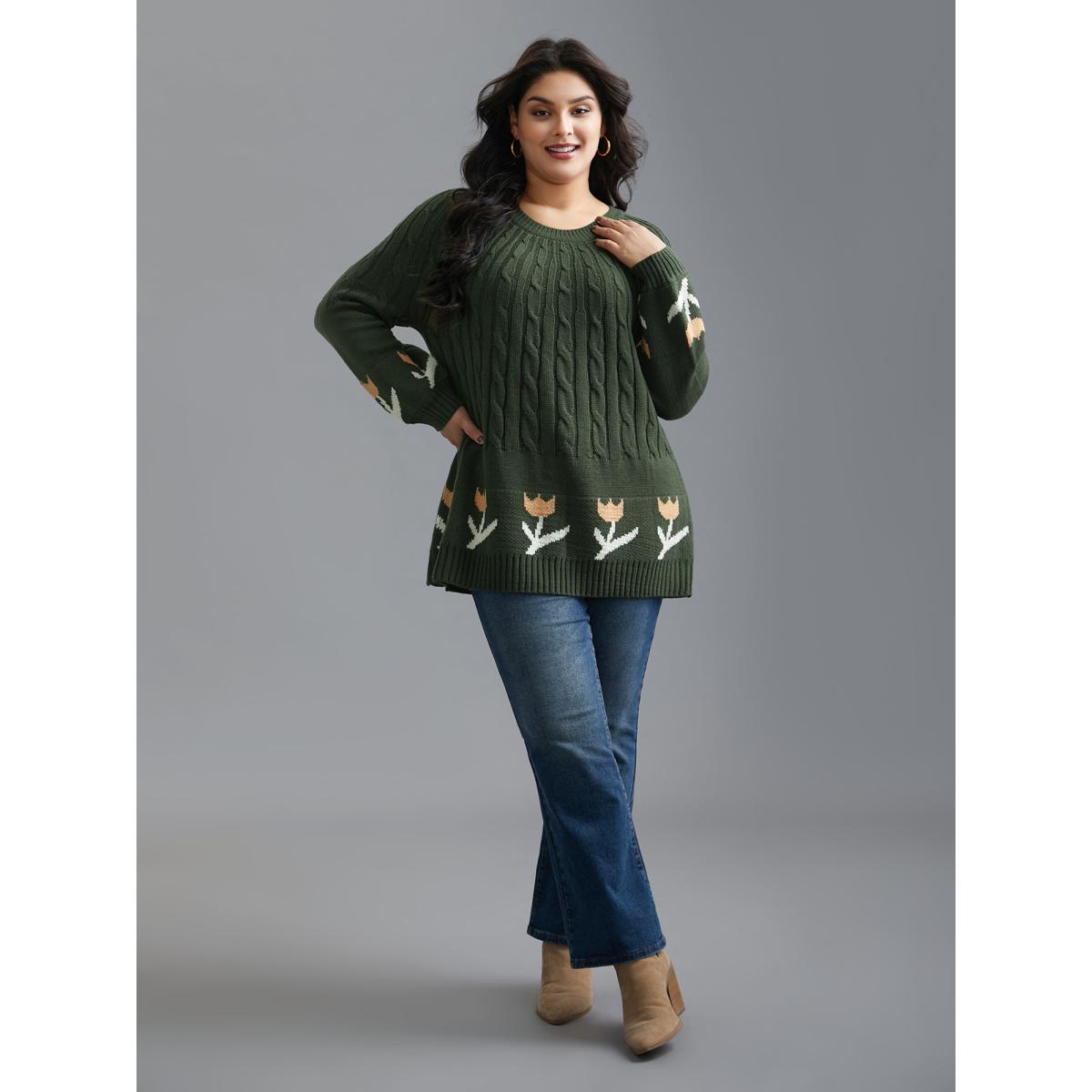 Plus Size Cable Knit Floral Ribbed Hem Pullover ArmyGreen Women Casual Loose Long Sleeve Round Neck Everyday Pullovers BloomChic 12/L Product Image