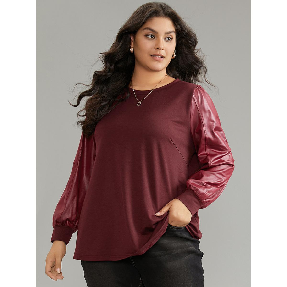 Plus Size PU Leather Patchwork Crew Neck Sweatshirt Women Scarlet Elegant Plain Round Neck Dailywear Sweatshirts BloomChic 30/6X Product Image