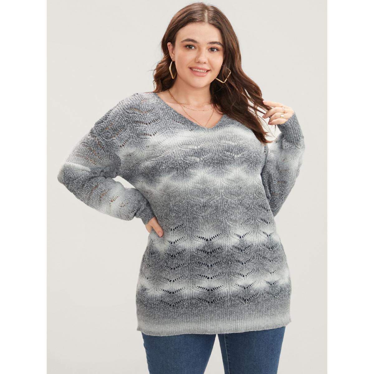 Plus Size Ombre Spacedye Knit Eyelet V Neck Heather Knit Top Multicolor Women Casual Loose Long Sleeve V-neck Dailywear Pullovers BloomChic 30/6X Product Image