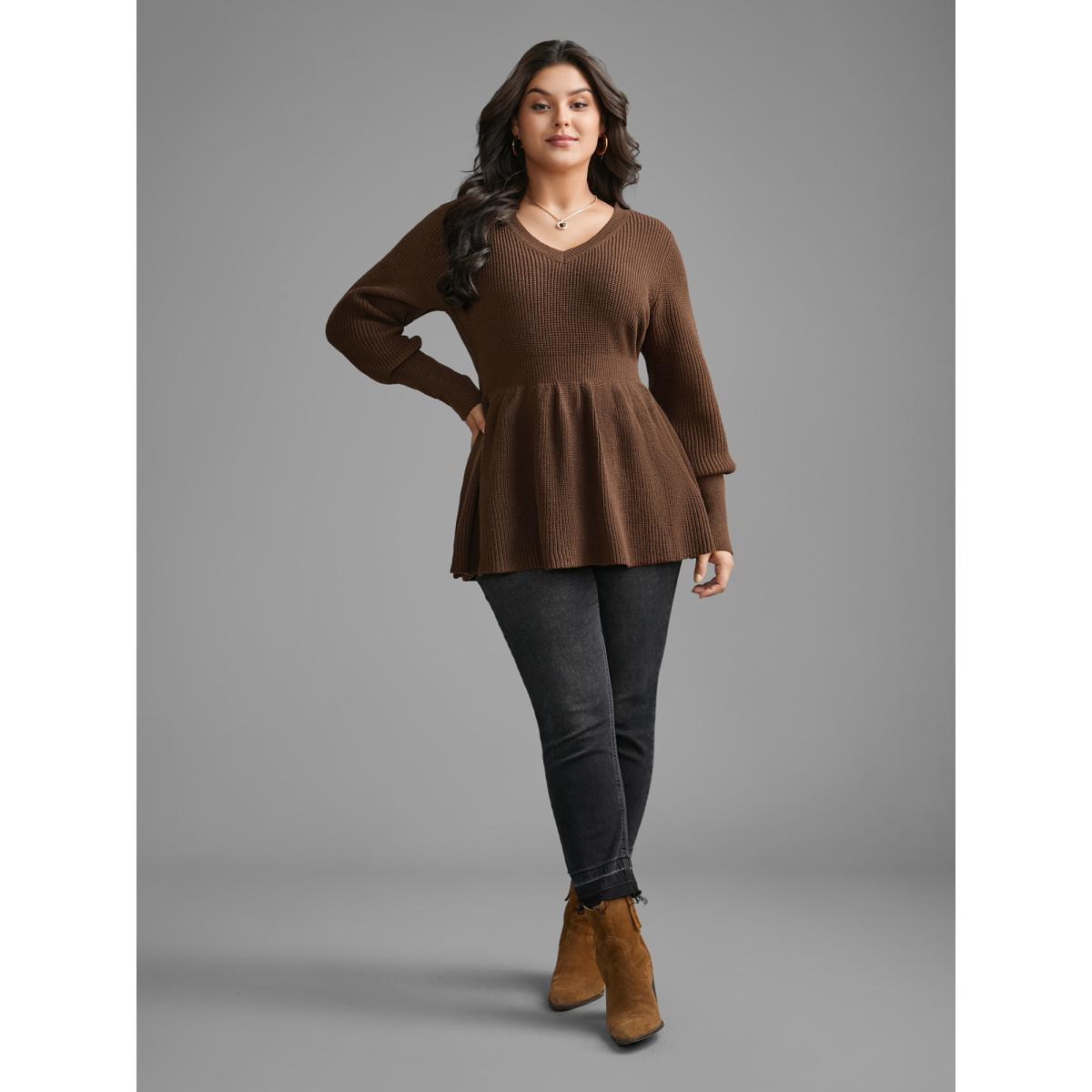 Plus Size Plain V Neck Lantern Sleeve Pullover Browncoffeecolor Women Casual Loose Long Sleeve V-neck Everyday Pullovers BloomChic 18-20/2X Product Image