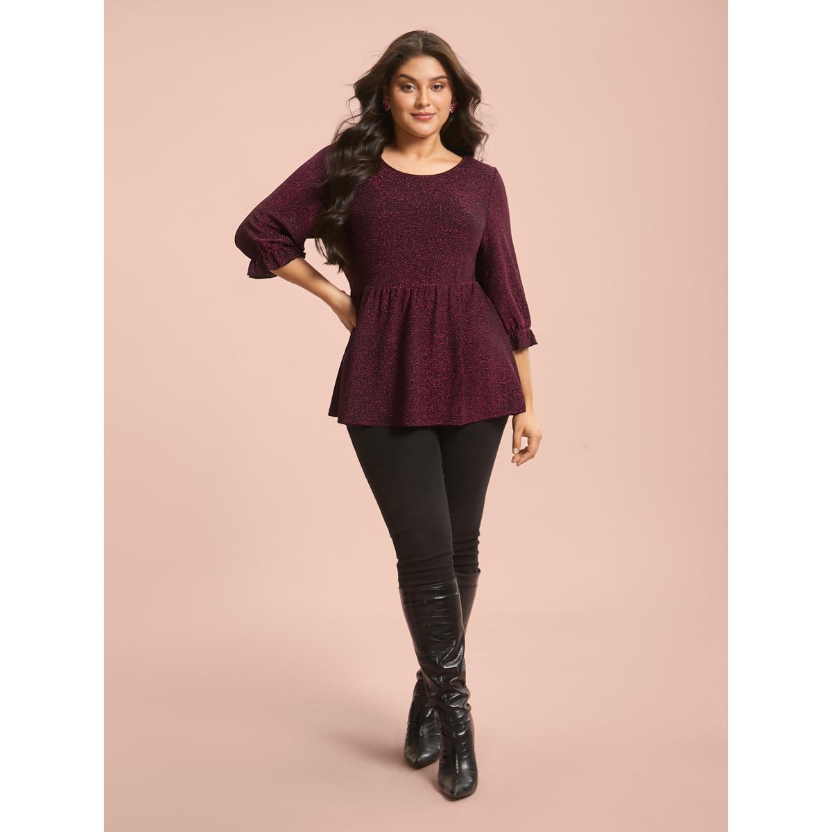 Plus Size Eggplant Crew Neck Luxe Ruffle Gathered Blouse Women Elegant Elbow-length sleeve Round Neck Everyday Blouses BloomChic 12/L Product Image