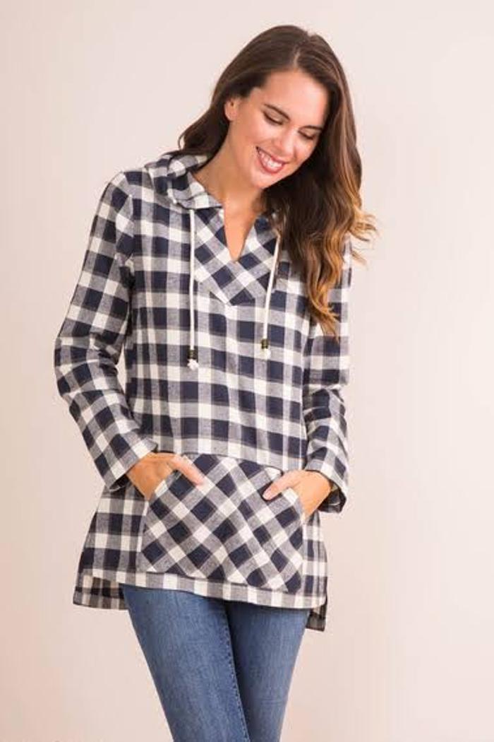 Plaid Flannel Hoodie Kangaroo Pocket Product Image