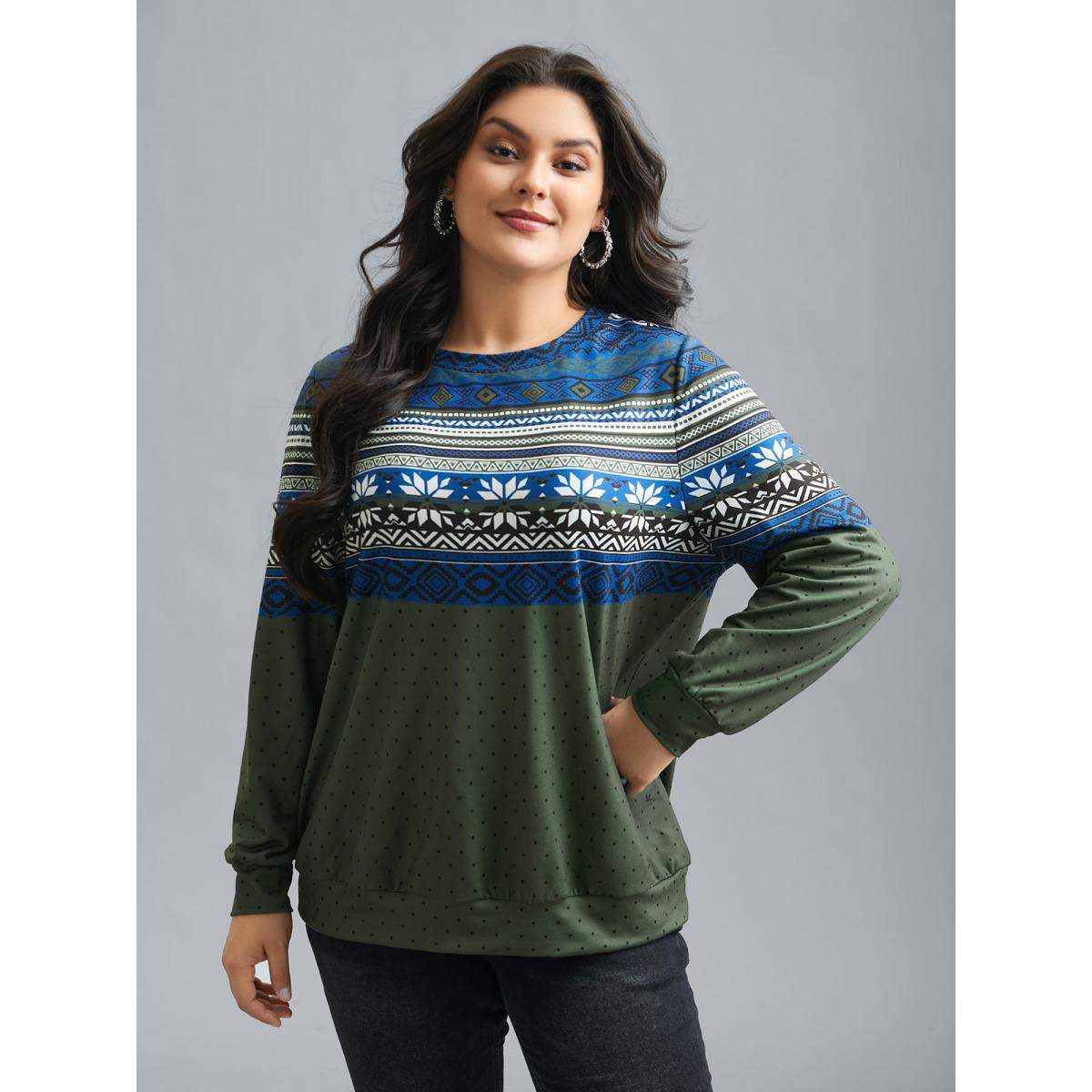Plus Size Round Neck Geometric Polka Dot Patchwork Sweatshirt Women Multicolor Casual Contrast Round Neck Everyday Sweatshirts BloomChic 22-24/3X Product Image