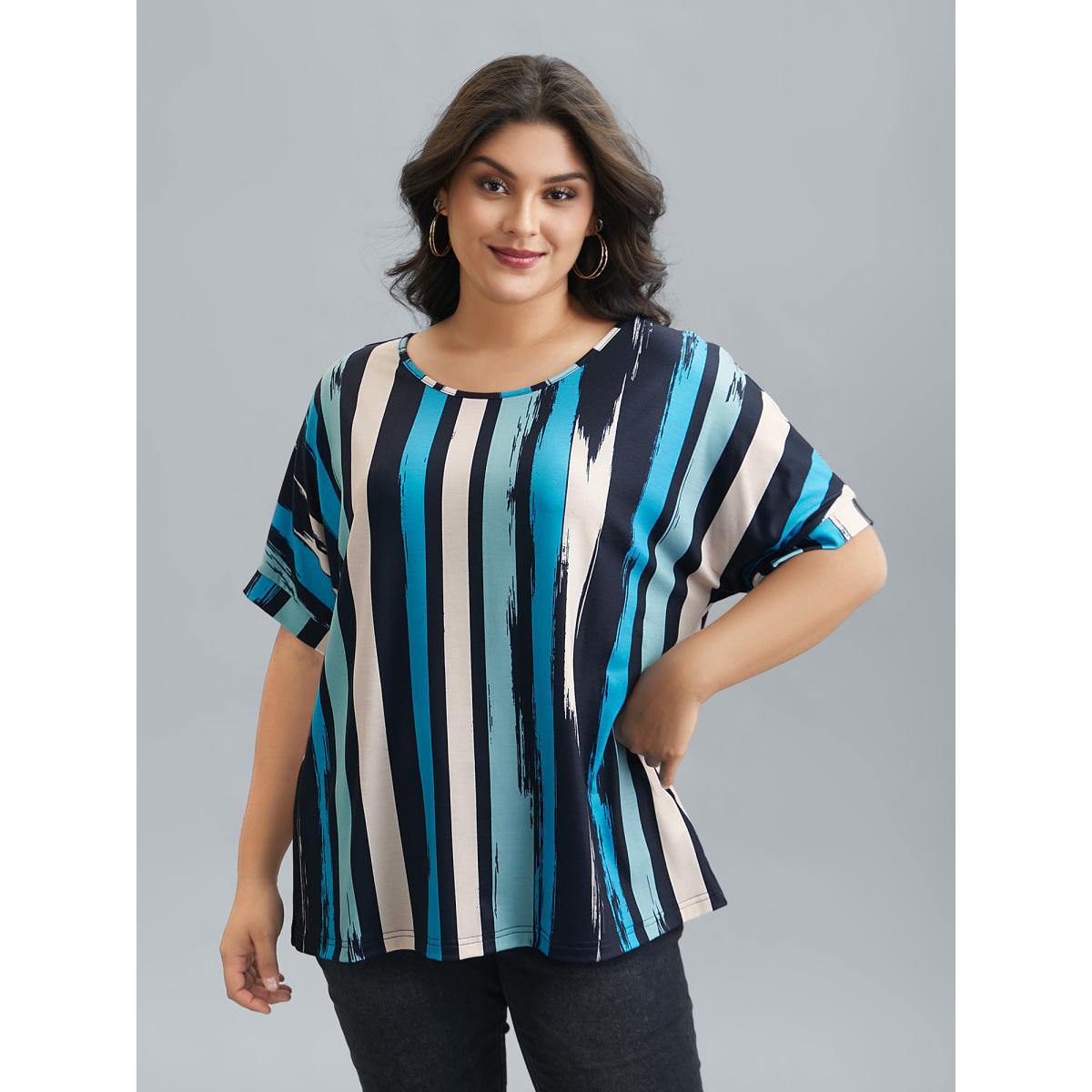 Plus Size Striped Print Dolman Sleeve T-Shirt Multicolor Women Casual Contrast Round Neck Everyday T-shirts BloomChic 10/M Product Image