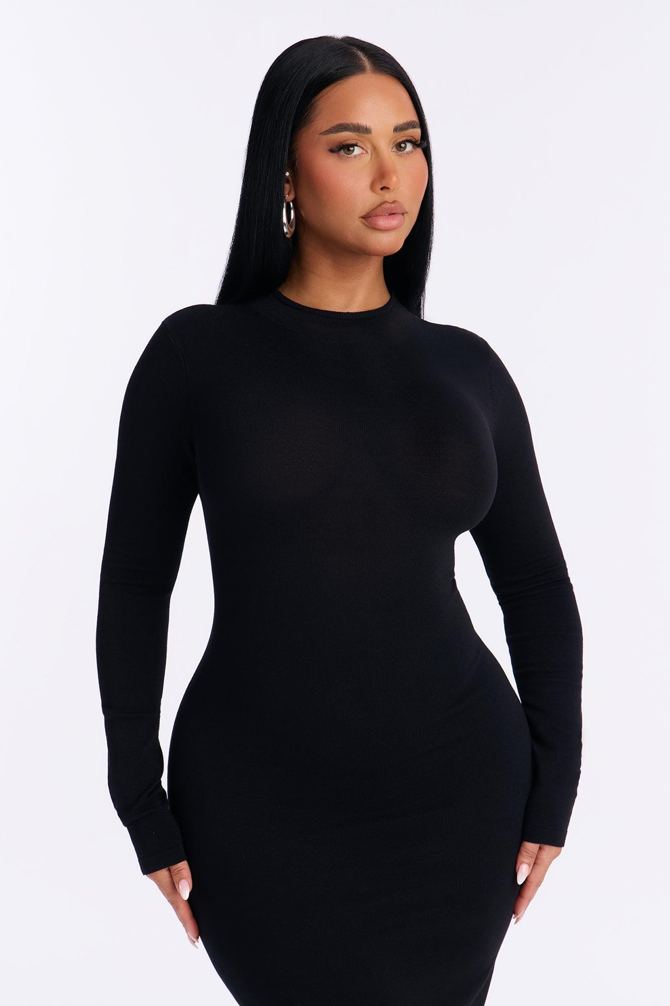 Kenna Asymmetrical Fringe Sweater Midi Dress - Black Female Product Image