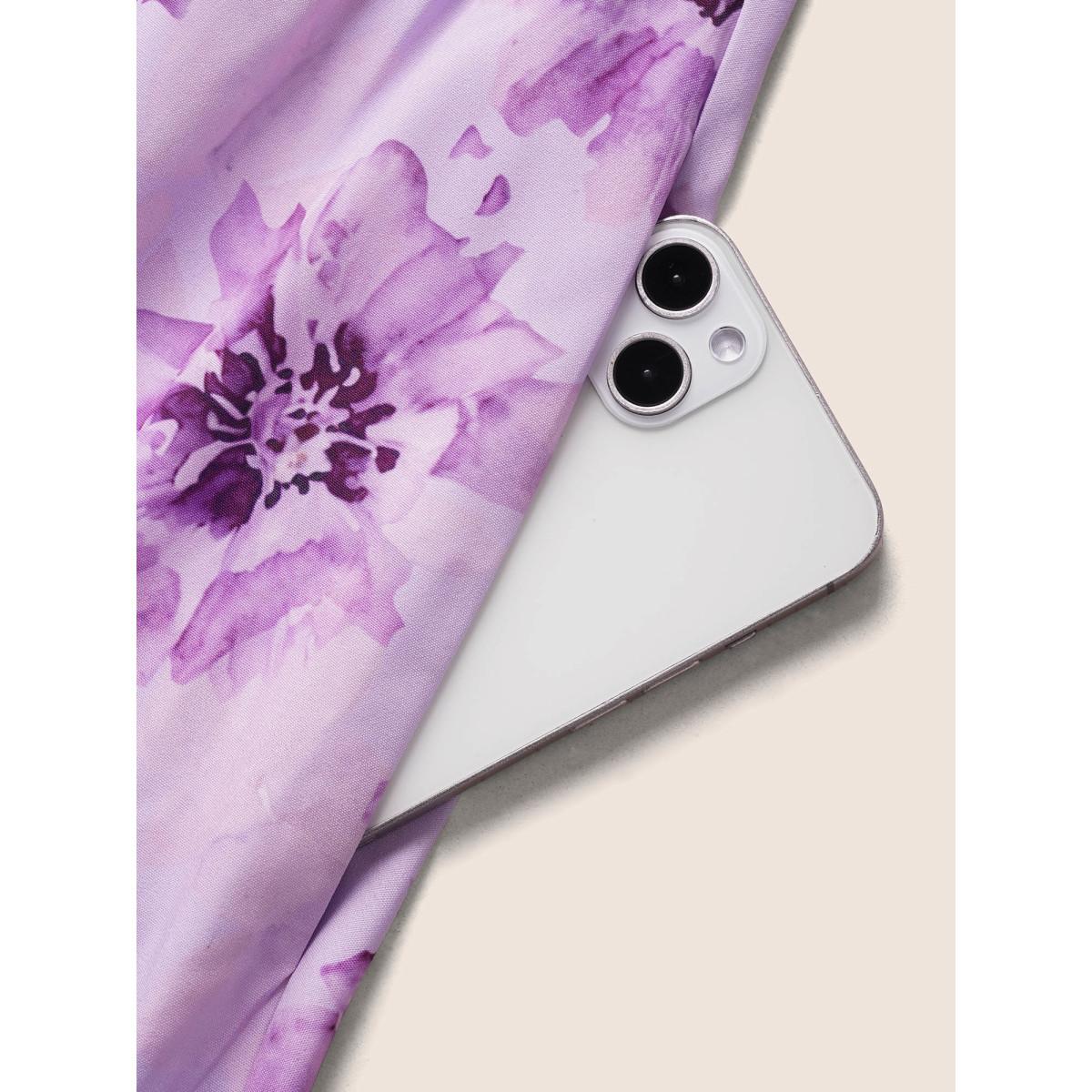 Plus Size Floral Print Square Neck Frill Trim Midi Dress Lavender Women Elegant Frill Trim Square Neck Short sleeve Curvy BloomChic 14-16/1X Product Image