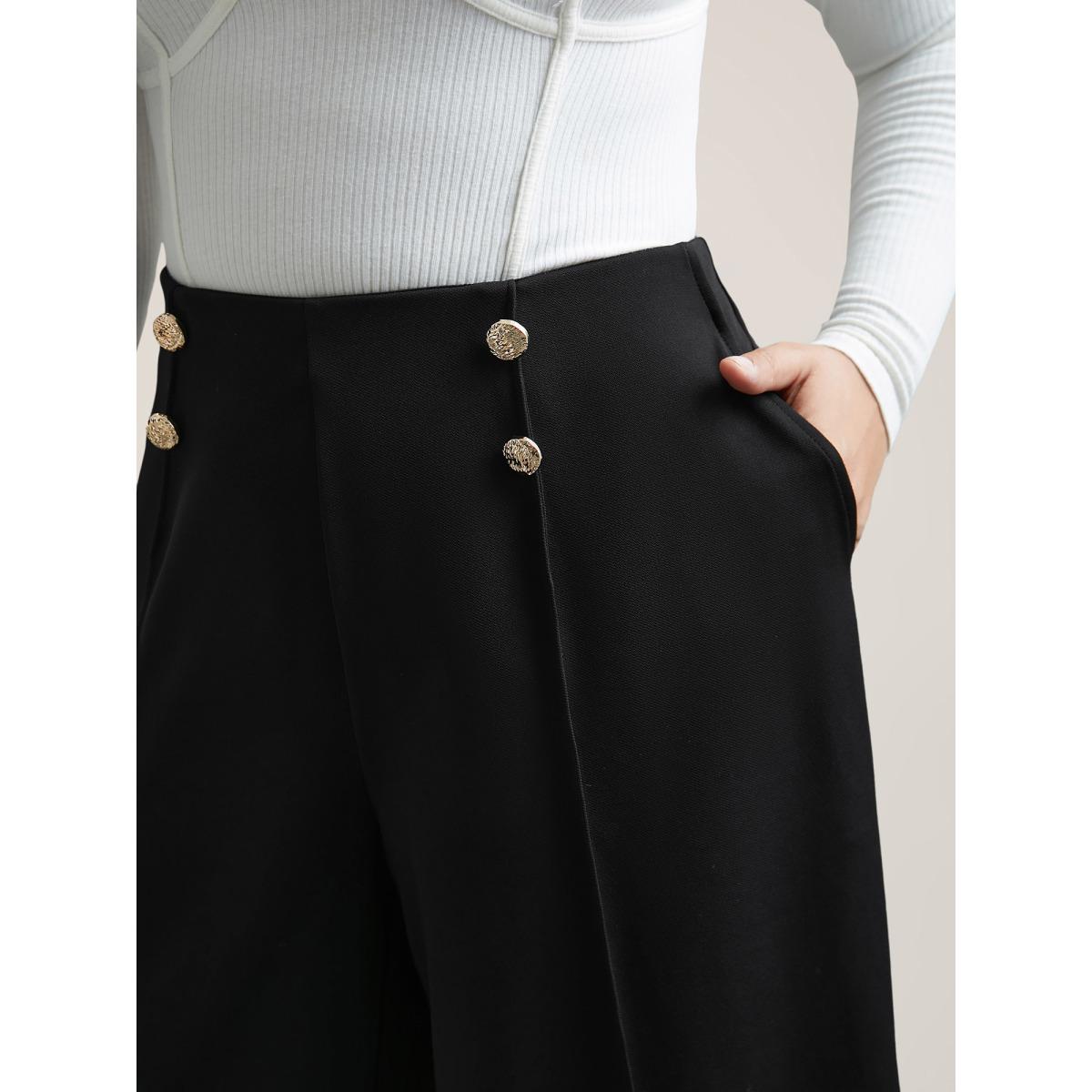 Plus Size No-Gap Waist Seamed Side Button Pants Women Black Workwear Essentials Wide Leg Mid Rise Work Pants BloomChic 14-16/1X Product Image