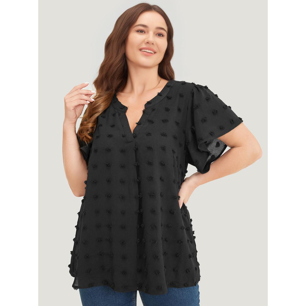 Plus Size Black Polka Dot Notched Neck Flutter Sleeve Blouse Women Office Short sleeve Notched collar Dailywear Blouses BloomChic 14-16/1X Product Image