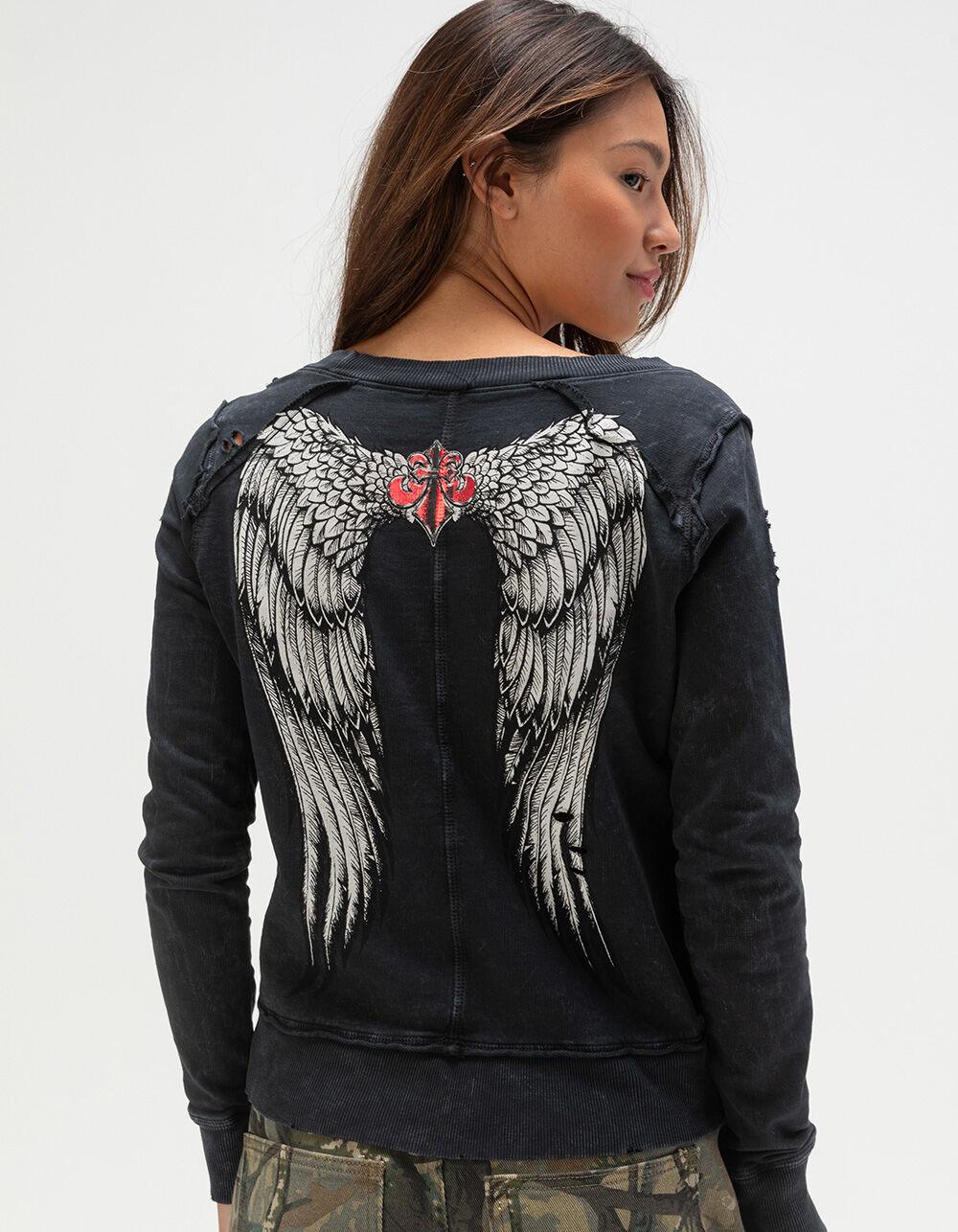 AFFLICTION Angel Wings Womens Long Sleeve Crop Top - BLACK Product Image
