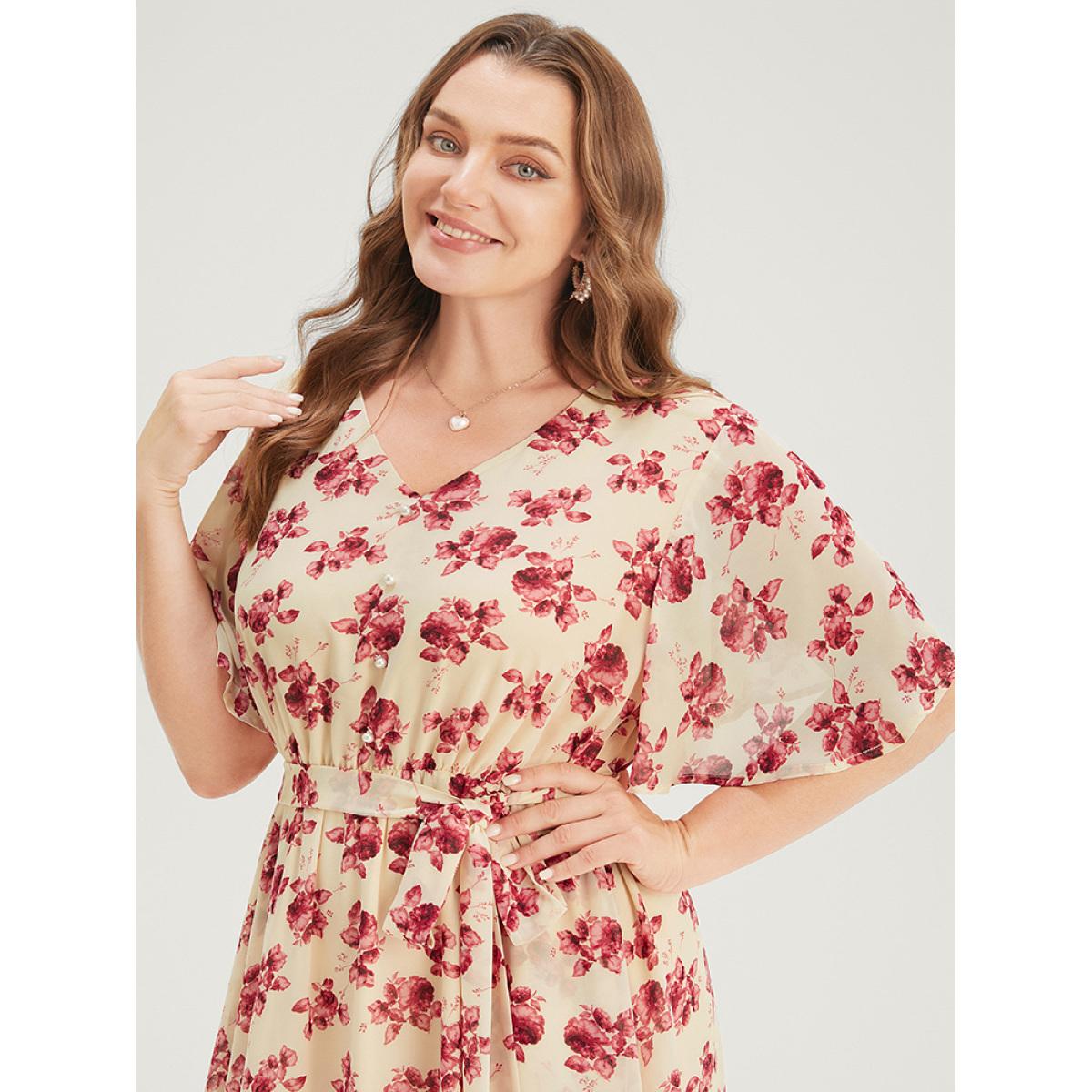Plus Size Floral Print Pearl Beaded Pocket Belt Ruffle Hem Dress DustyPink Women Elegant Lined V-neck Short sleeve Curvy Midi Dress BloomChic 12/L Product Image