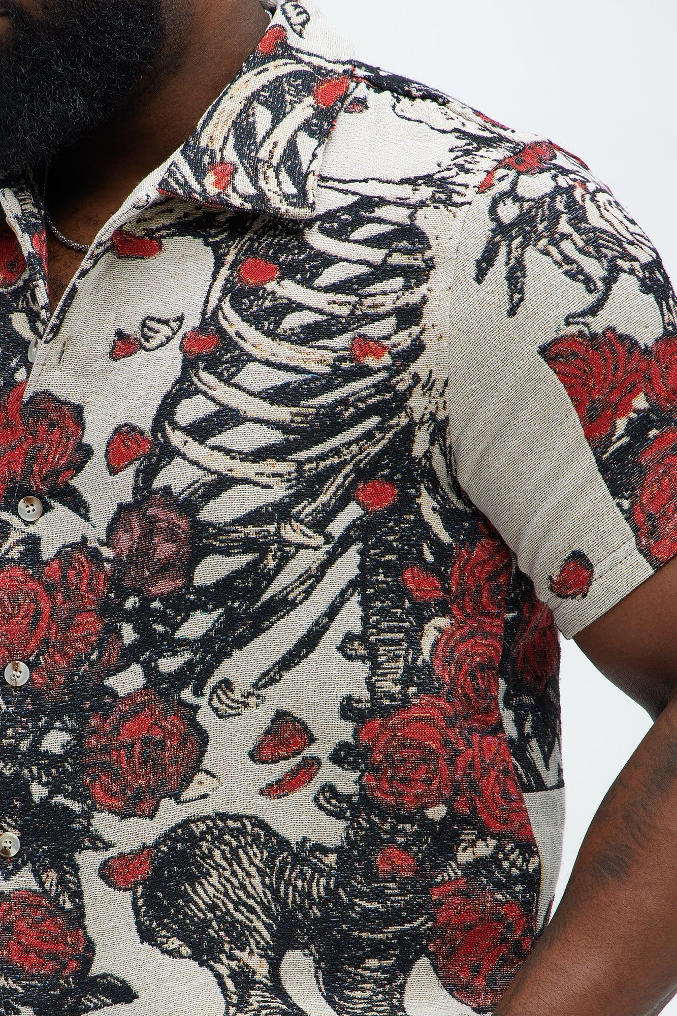 Petals Tapestry Short Sleeve Button Up Shirt - Red/combo Product Image