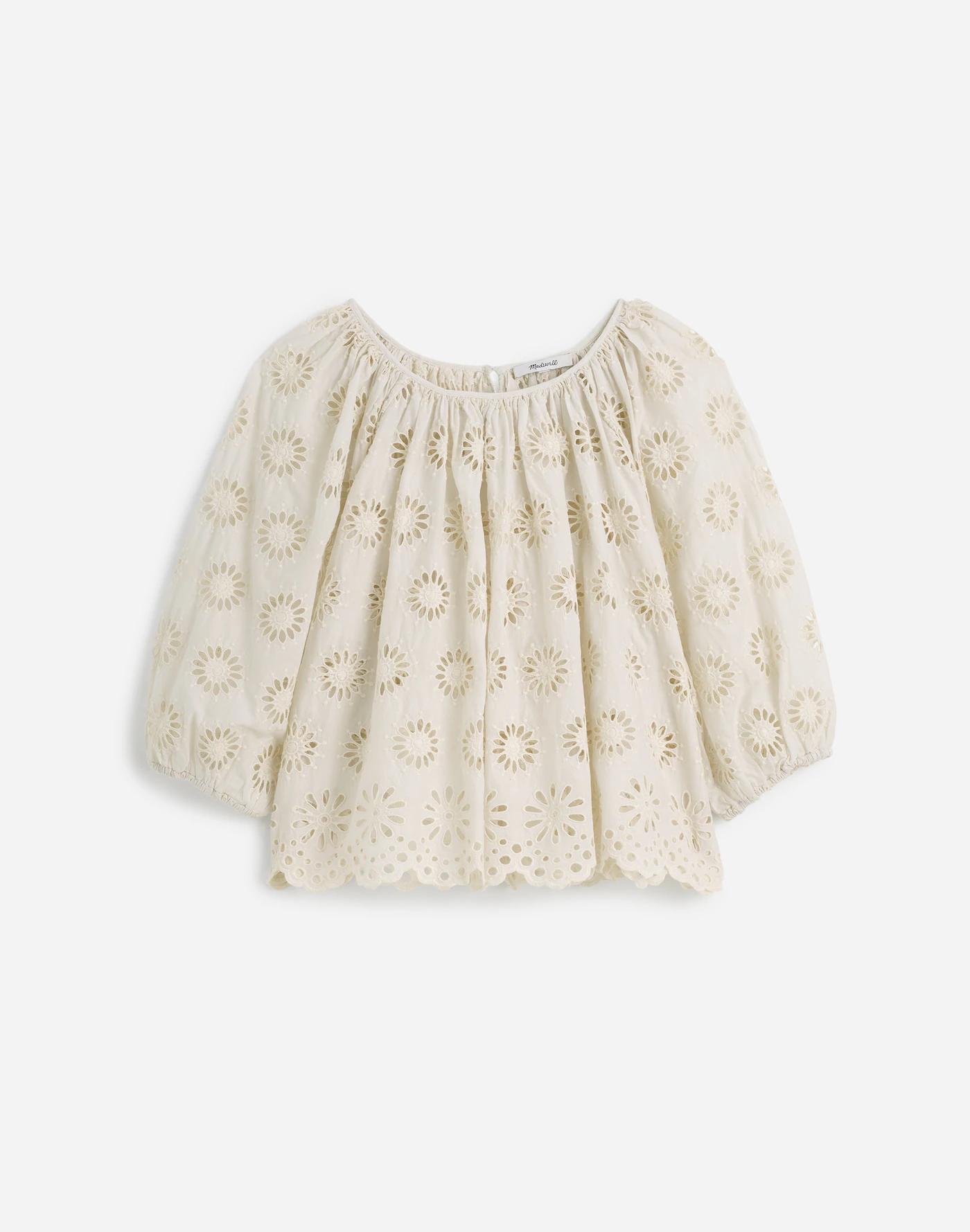 Embroidered Shirred Puff-Sleeve Top Product Image