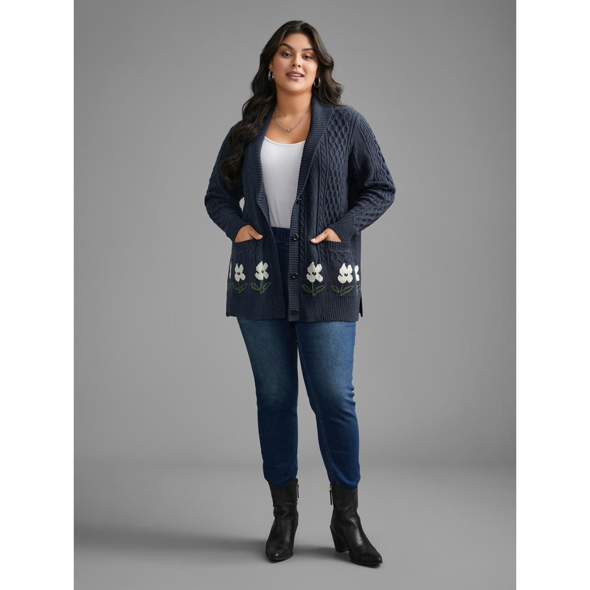 Plus Size Floral Jacquard Cable Knit Pocket Cardigan Indigo Women Casual Loose Long Sleeve Everyday Cardigans BloomChic 14-16/1X Product Image