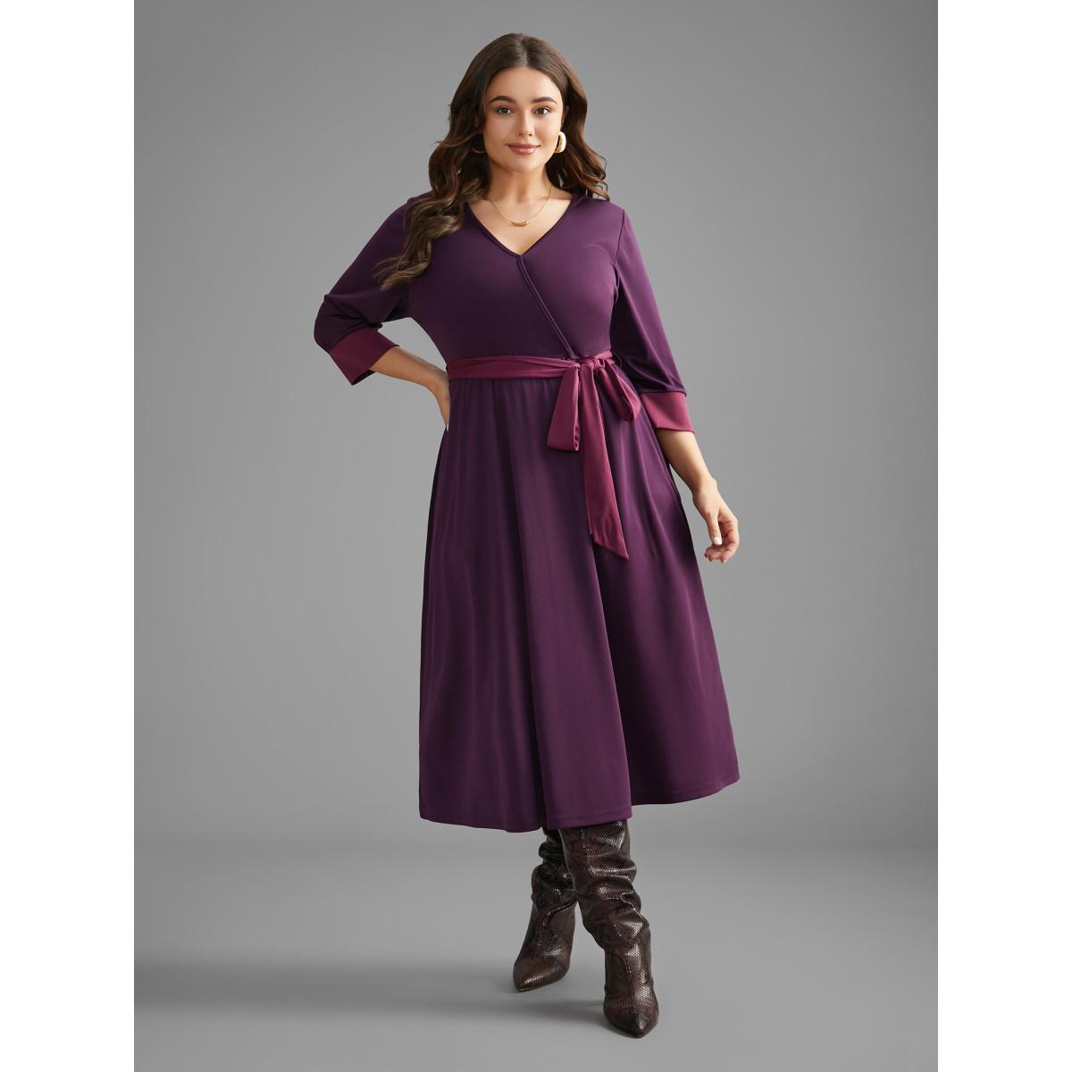 Plus Size Overlap Collar Contrast Belted Midi Dress Deeppurplered Women Elegant Belted Overlap Collar Elbow-length sleeve Curvy BloomChic 18-20/2X Product Image