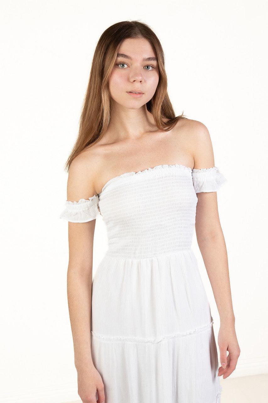 White Over The Shoulder Tiered Maxi Dress Product Image