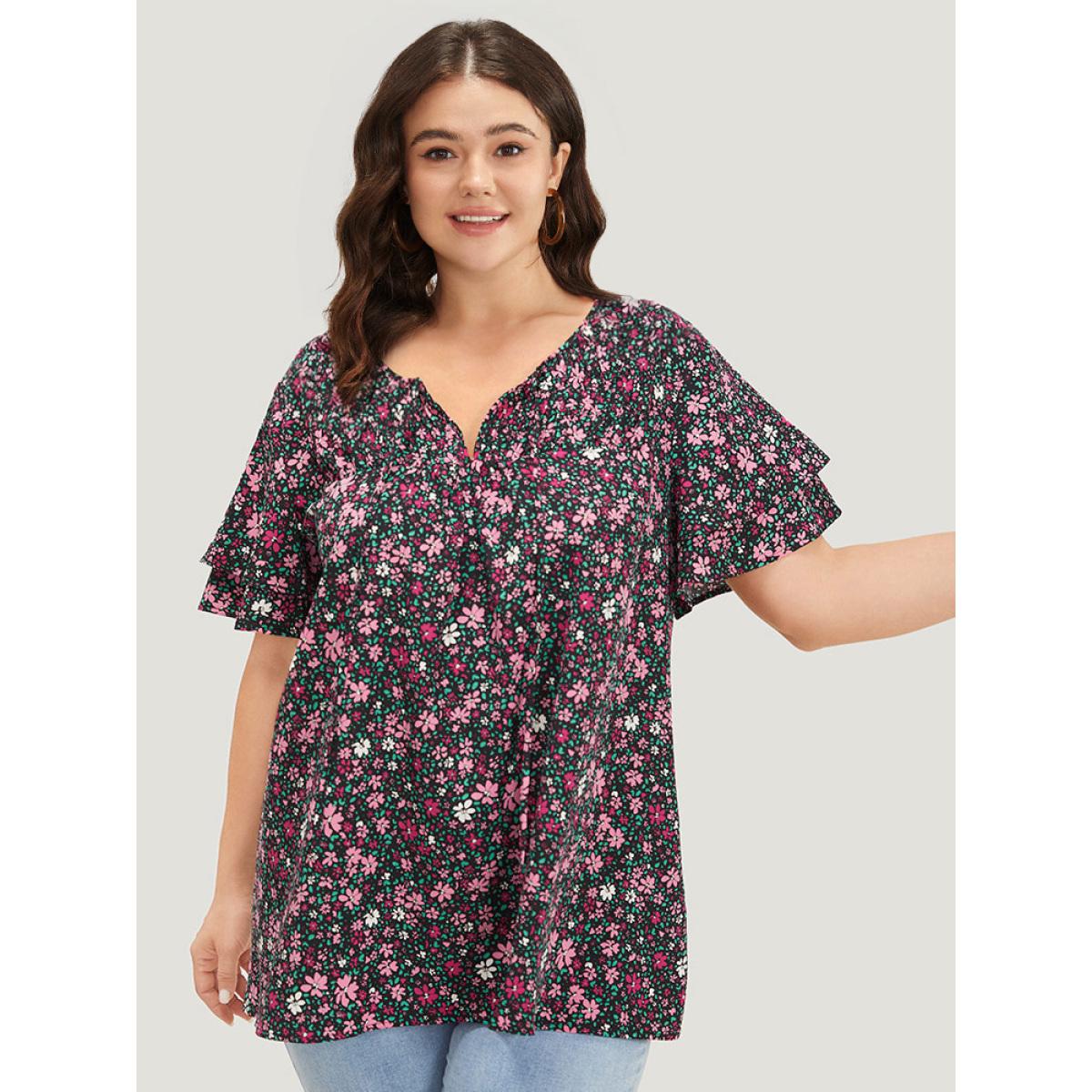 Plus Size BlackFlower Ditsy Floral Knot Neck Flutter Sleeve Layered Blouse Women Elegant Short sleeve Tie Neck Dailywear Blouses BloomChic 10/M Product Image