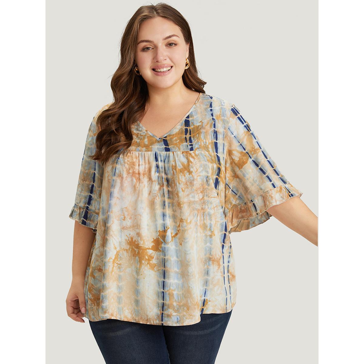 Plus Size Navy Tie Dye V Neck Flounce Sleeve Blouse Women Vacation Half Sleeve V-neck Dailywear Blouses BloomChic 14-16/1X Product Image