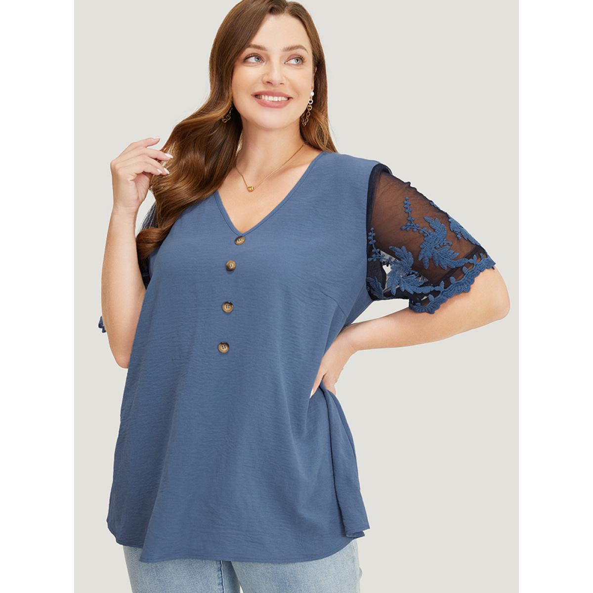 Plus Size Stone Plain Lace Mesh Sleeve Button Detail Blouse Women Elegant Short sleeve V-neck Dailywear Blouses BloomChic 12/L Product Image