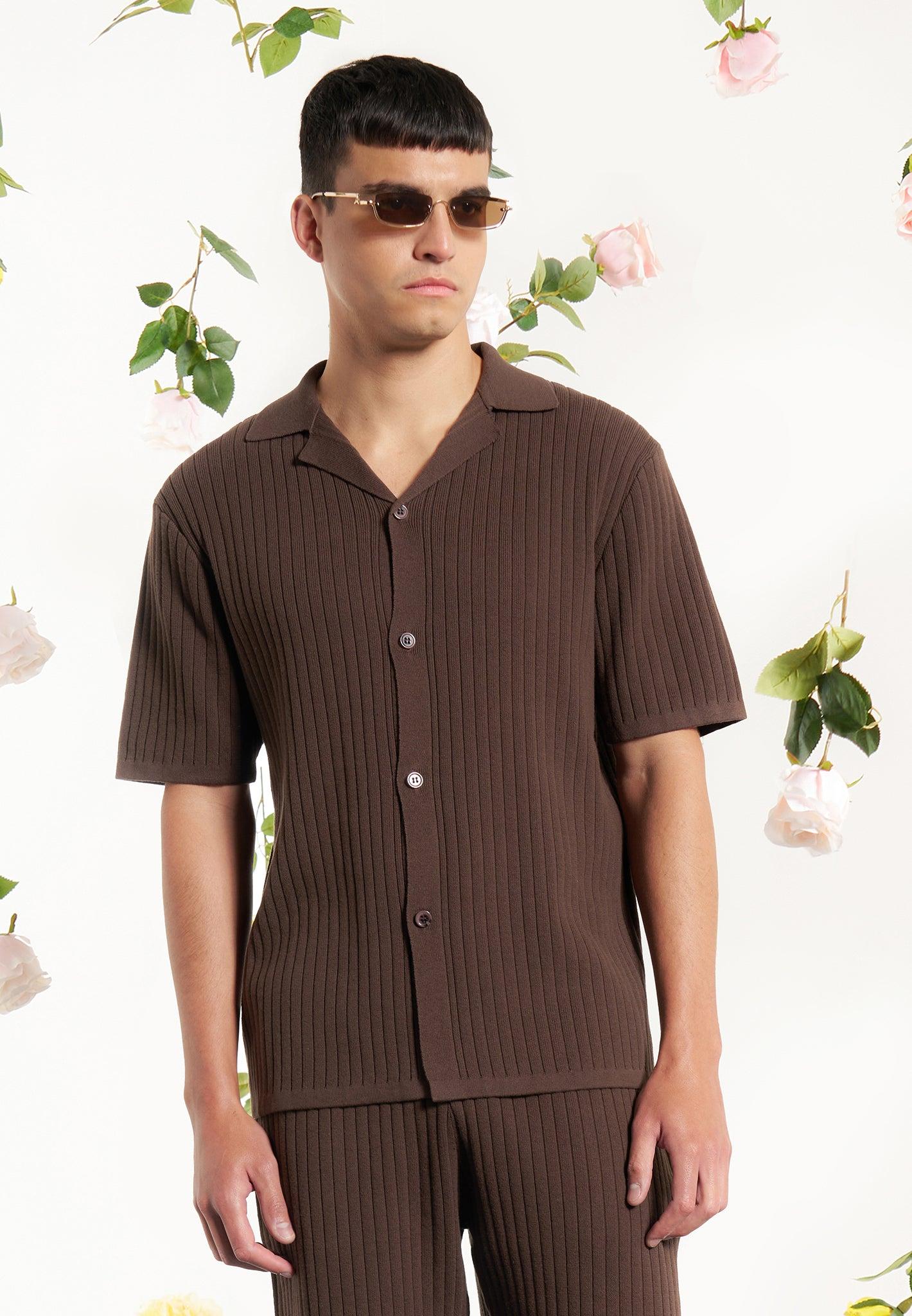 Ribbed Knit Revere Shirt - Brown Male Product Image