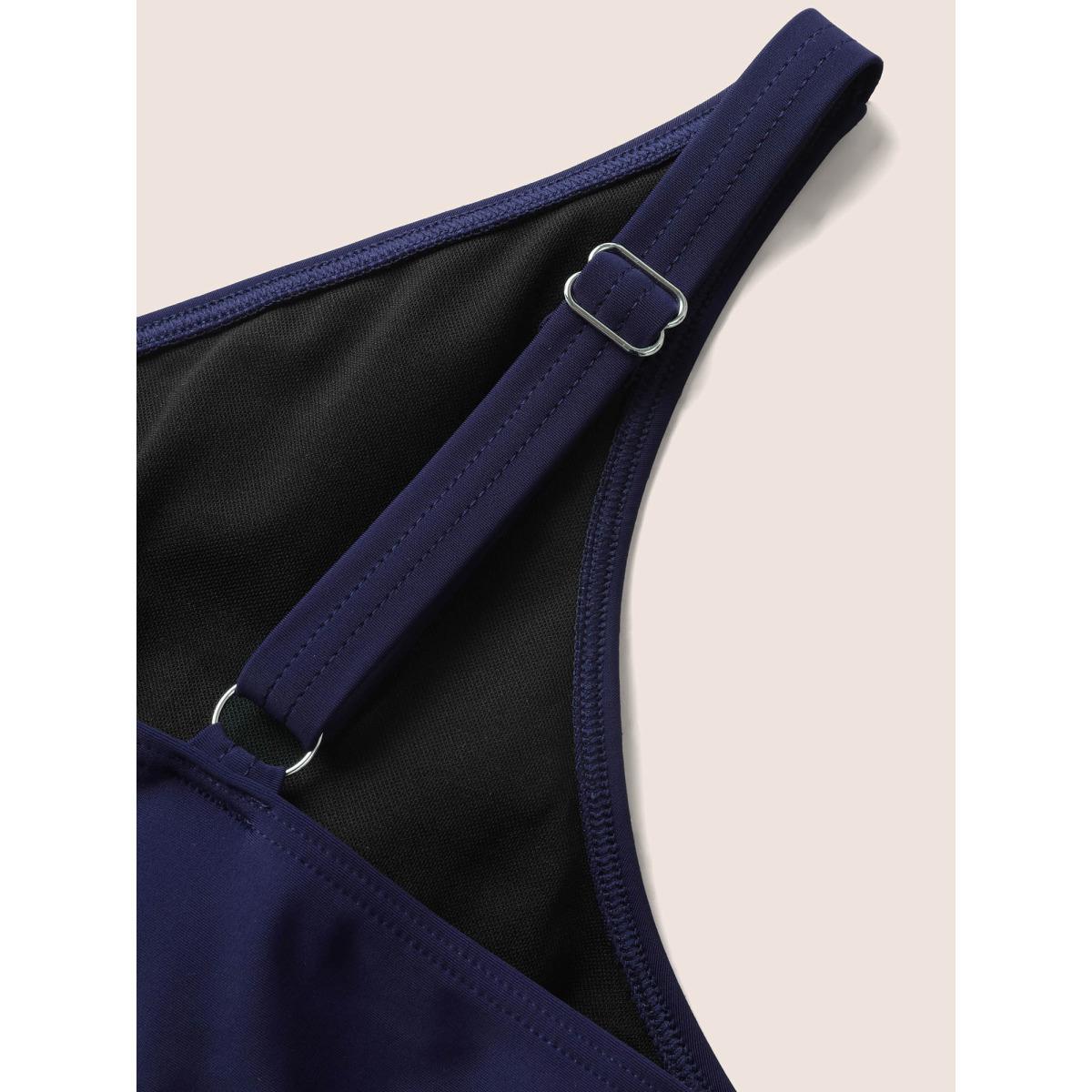 Plus Size Overlap Collar Floral Embroidered Contrast Webbing Swim Dress Women's Swimwear Indigo Beach Bodycon Overlap Collar High stretch Curve Swim Dresses BloomChic 12/L Product Image