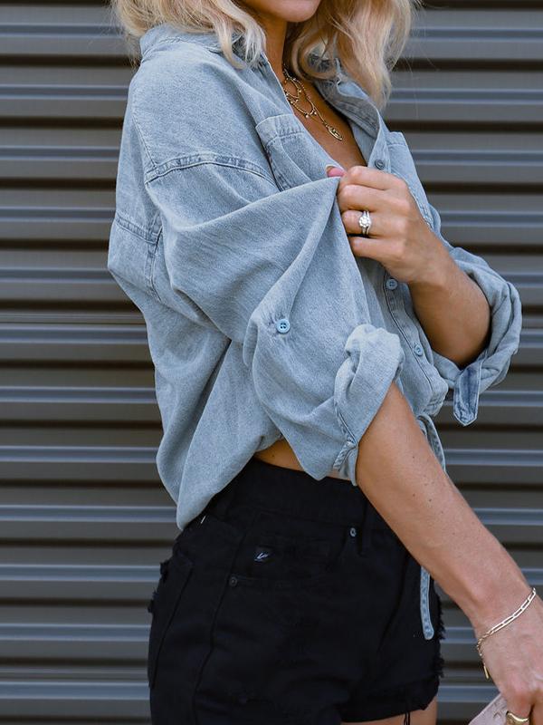 Vintage Dual Pocket Drawstring Denim Blouses&Shirts Product Image