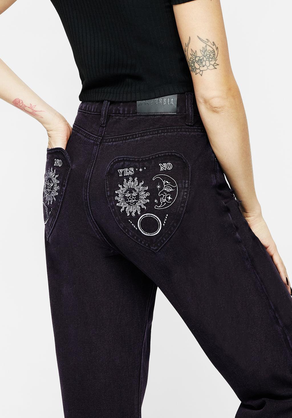 Planchette Embroidered Distressed Denim Mom Jeans Product Image