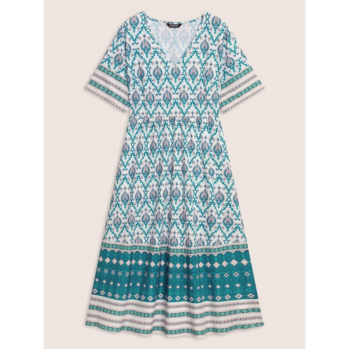 Plus Size V Neck Boho Print Ruffle Sleeve Midi Dress Turquoise Women Resort Non V-neck Short sleeve Curvy BloomChic 18-20/2X Product Image