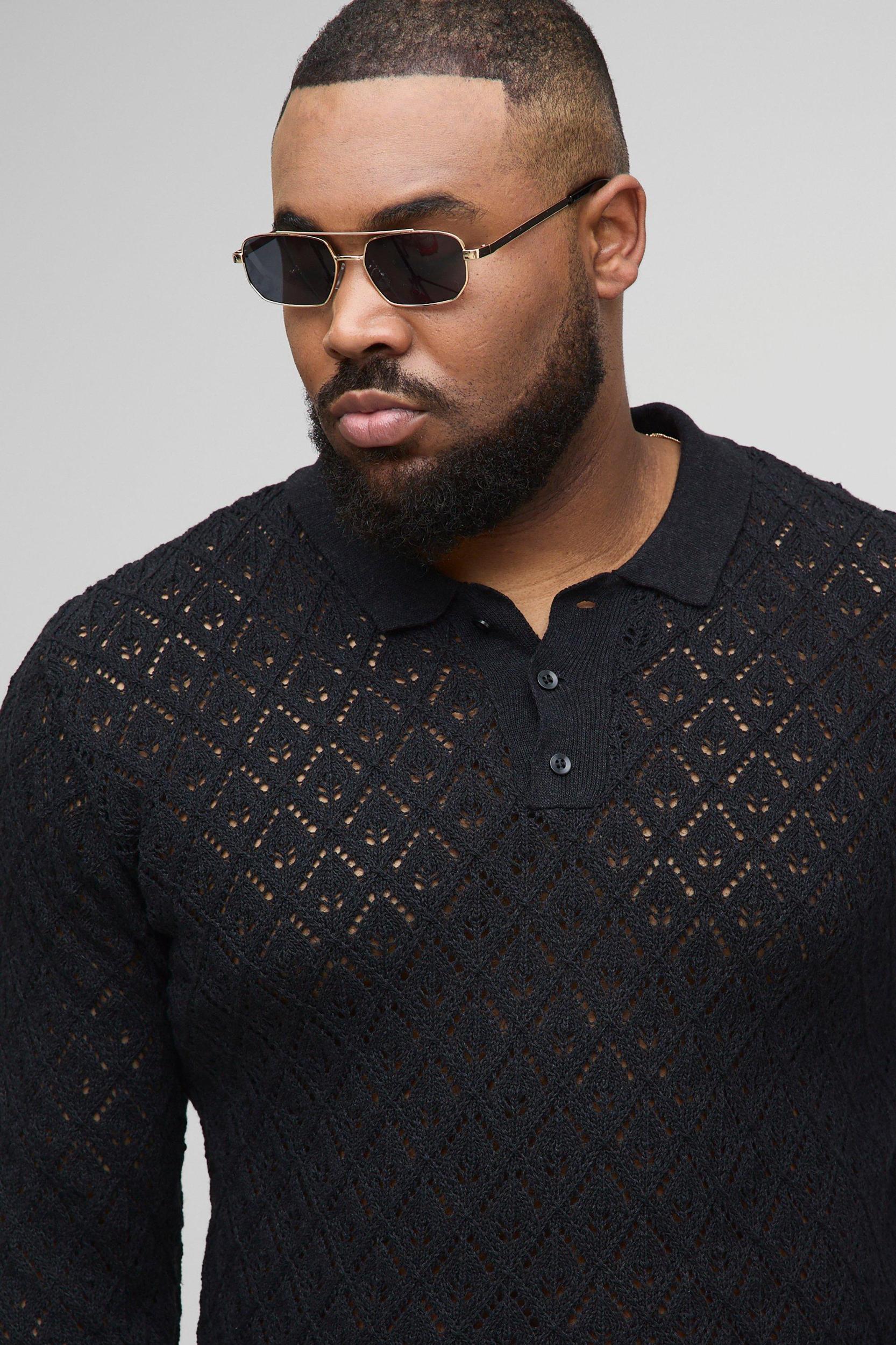 Plus Oversized Crochet Long Sleeve Polo Shirt | boohooMAN USA Product Image