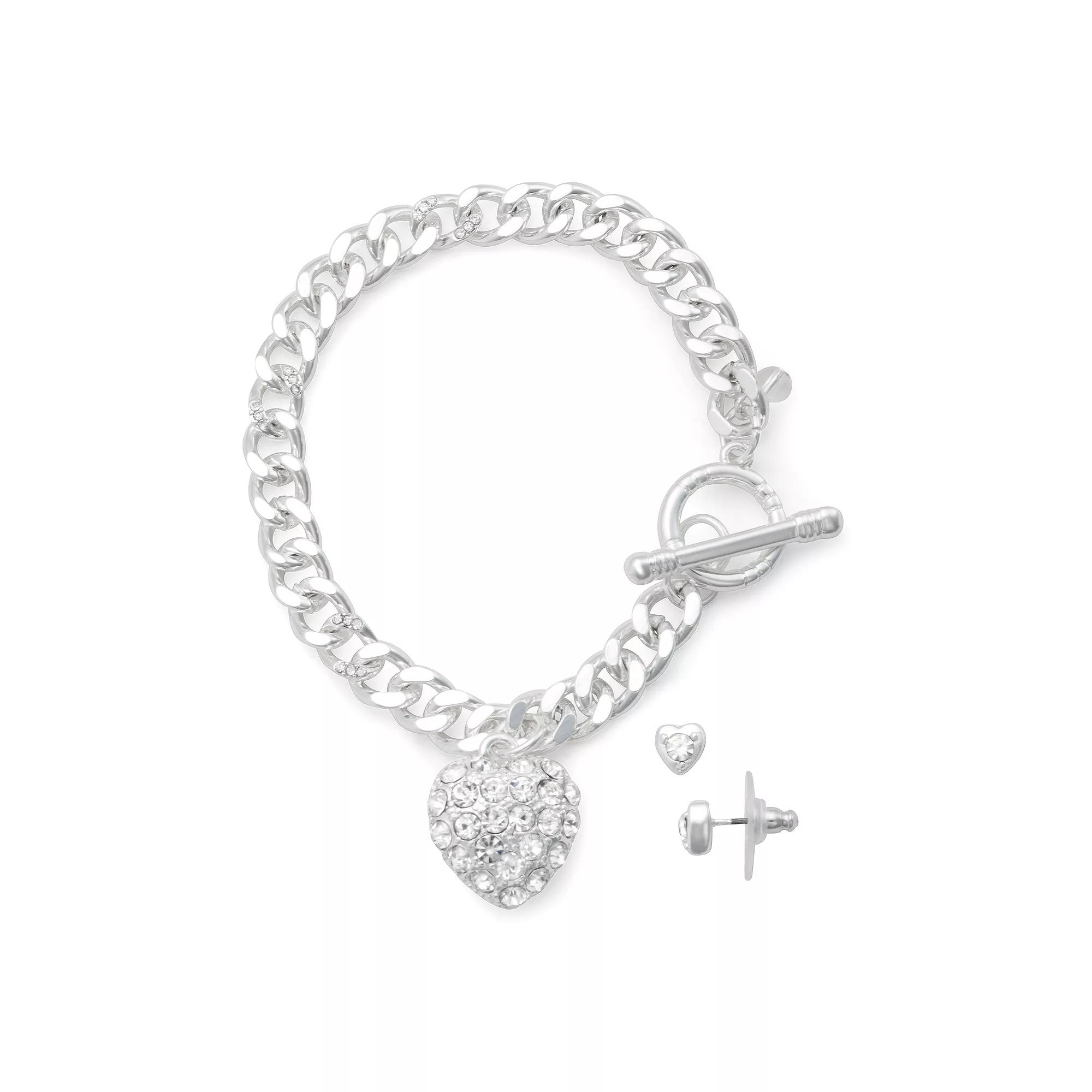 Napier Silver Tone Elevated Heart Bracelet & Stud Earrings Set, Women's Product Image