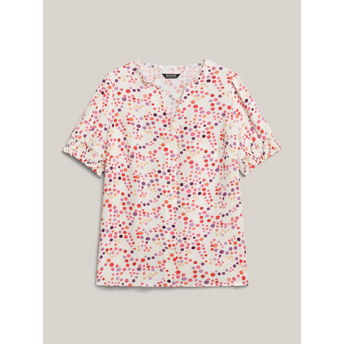 Plus Size Ivory Pretty Polka Dots Shirred Sleeve Shirt Women Short sleeve Notched collar Elegant Blouses BloomChic 14-16/1X Product Image