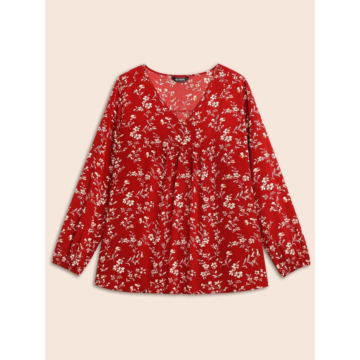 Plus Size Scarlet Ditsy Floral Split Hem Gathered Blouse Women Elegant Extra Long Sleeve V-neck Everyday Blouses BloomChic 30/6X Product Image