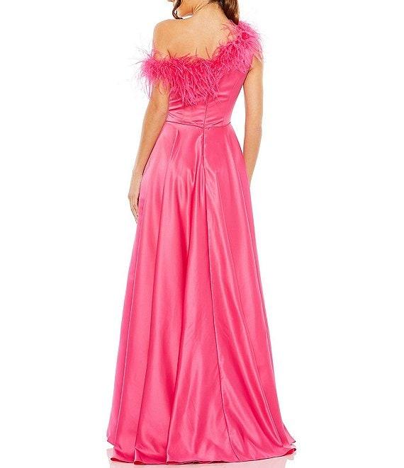 Mac Duggal Satin One Shoulder Sleeveless Feather Trim Gown Product Image