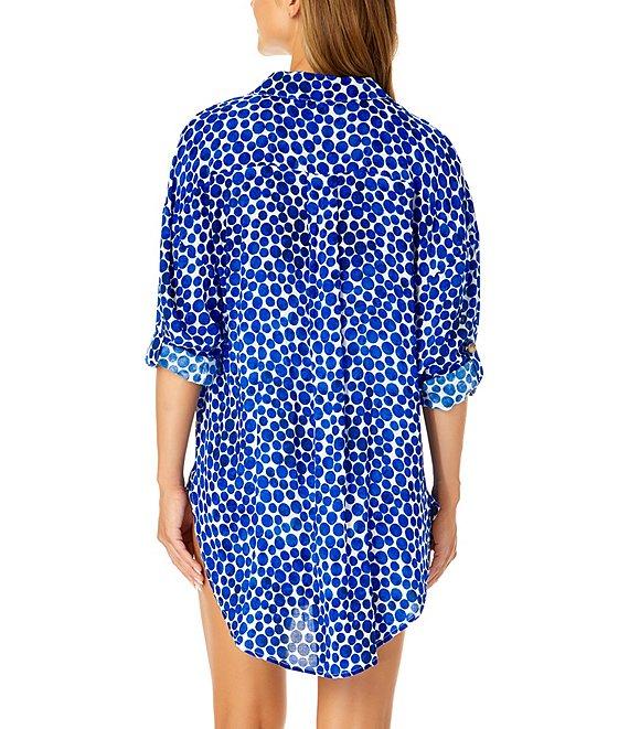 Anne Cole Denim Dotted Boyfriend Point Collar Button Front Swim Cover-Up Shirt Product Image