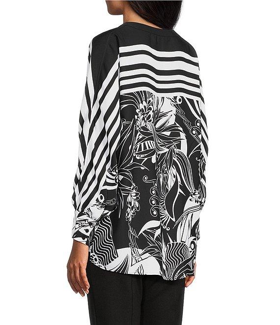 Slim Factor by Investments Stylized Floral Border Print Long Sleeve Split V-Neck Top Product Image