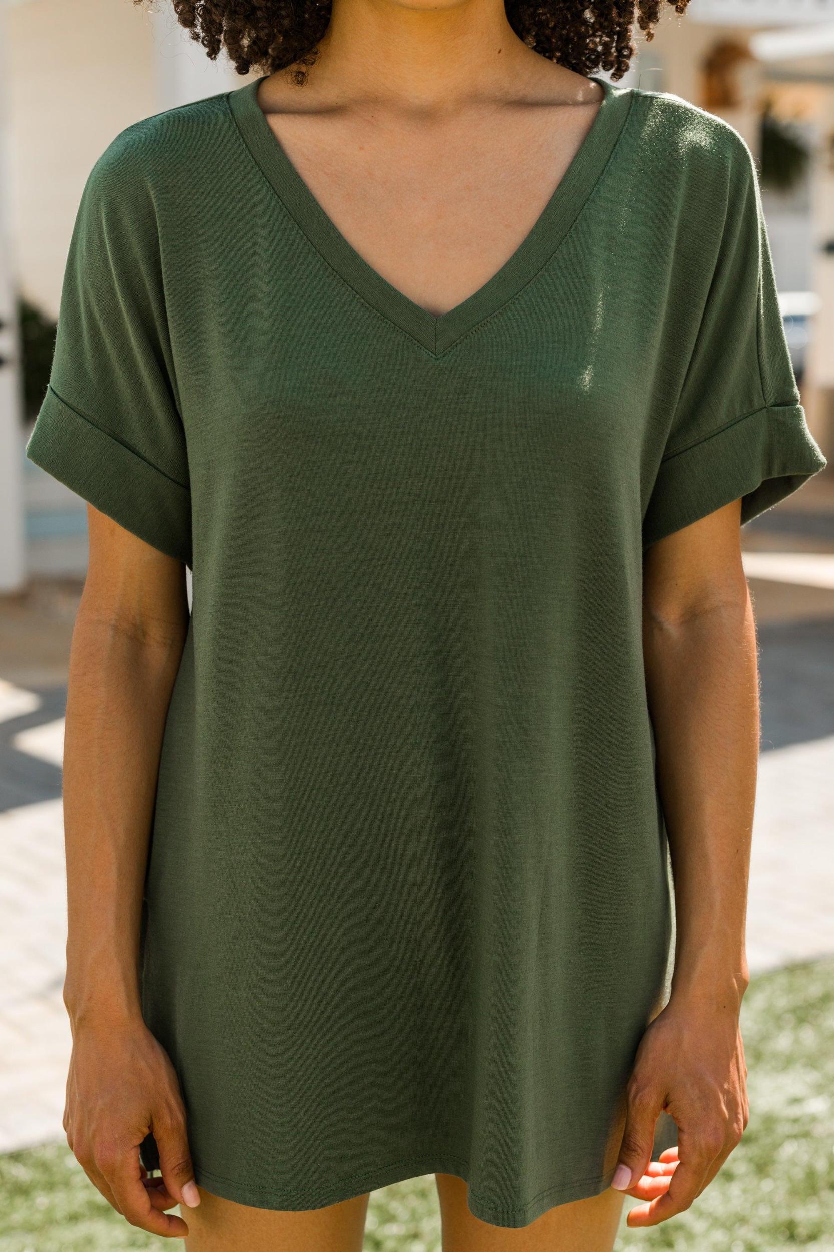 Make Your Life Easy Olive Green V-neck Top Female Product Image