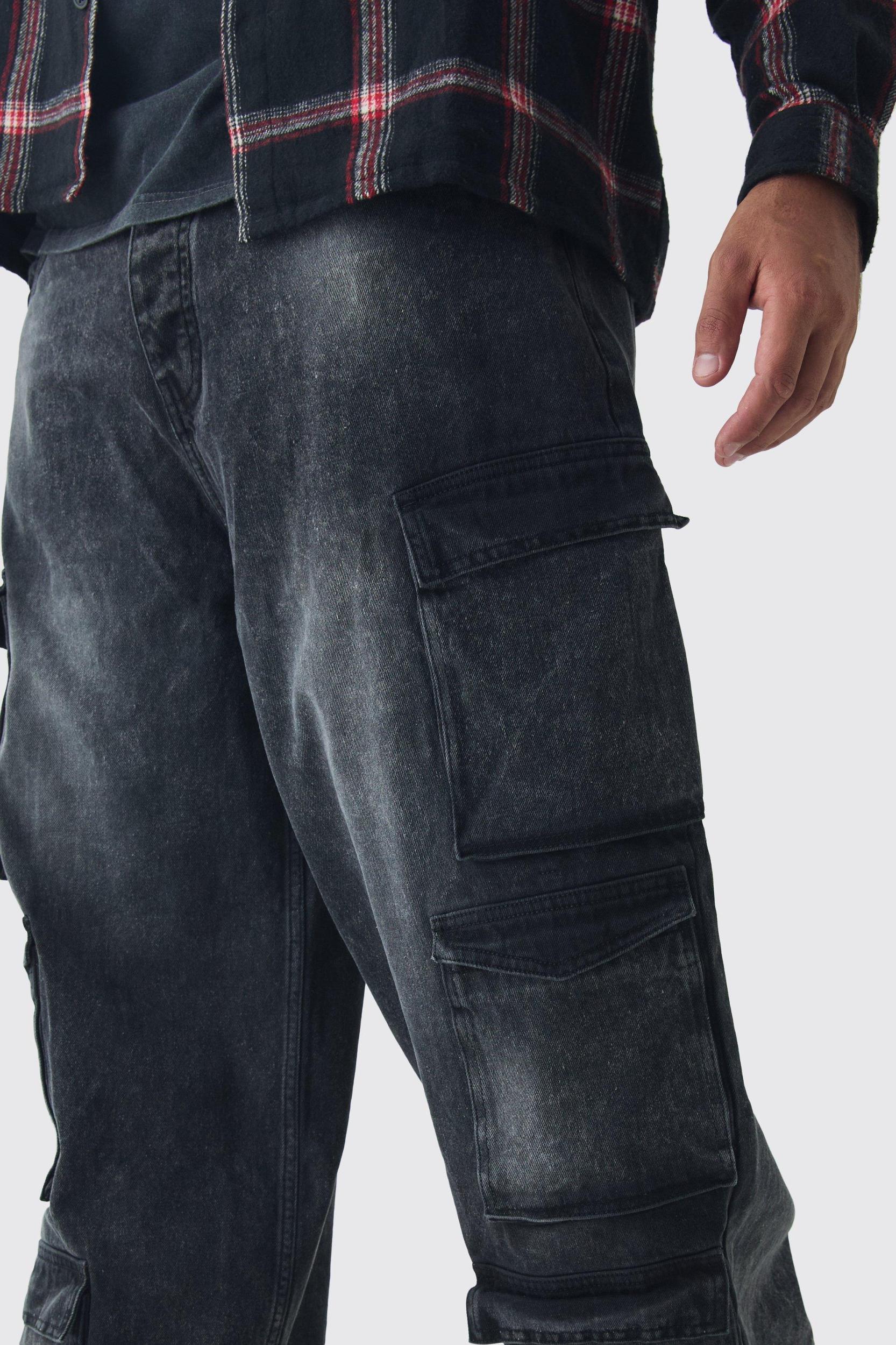 Plus Baggy Fit Washed Multi Pocket Cargo Jeans | boohooMAN USA Product Image