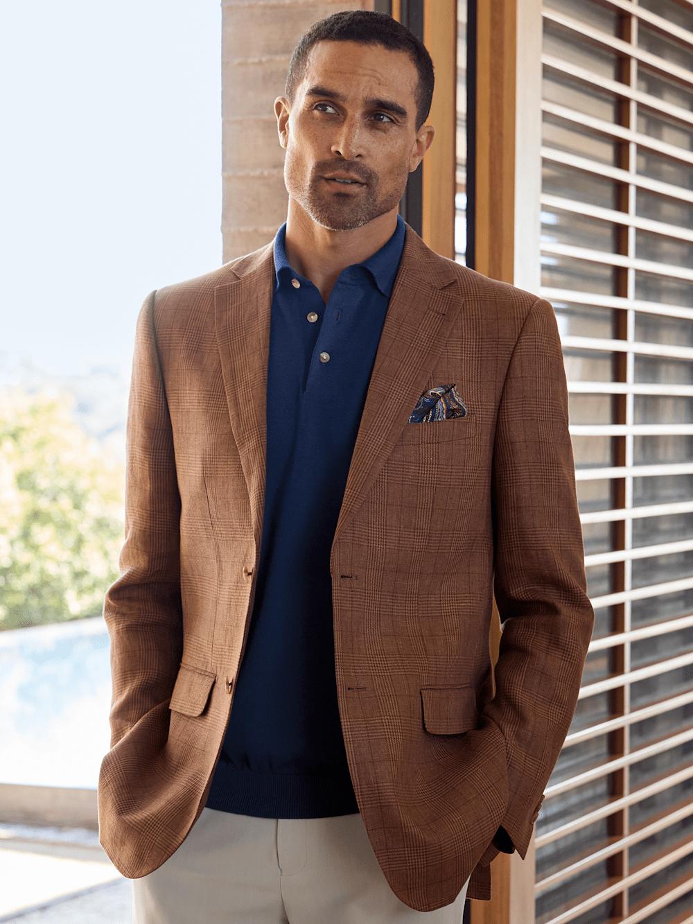 Linen Plaid Single Breasted Notch Lapel Sport Coat - Brown Product Image