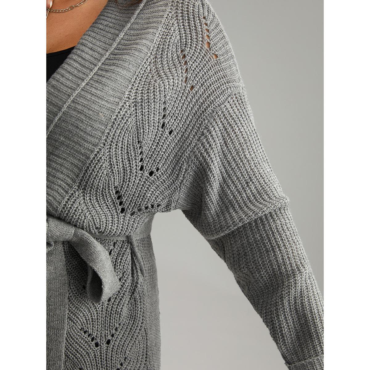 Plus Size Plain Split Hem Ties Texture Cardigan Gray Women Casual Loose Long Sleeve Dailywear Cardigans BloomChic 26/4X Product Image