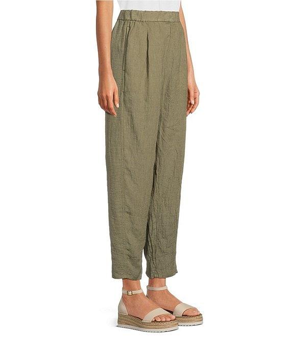 Eileen Fisher Puckered Organic Linen Yarn-Dyed Stripe Elastic Waist Pull-On Pants Product Image