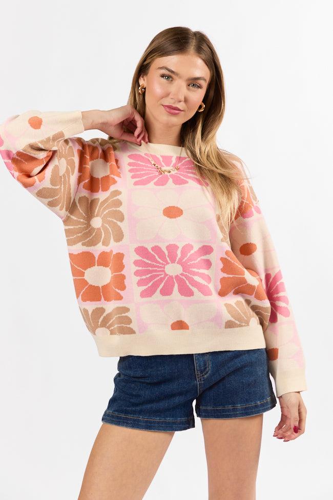 Gracious Gardens Coral Multi Block Floral Sweater FINAL SALE Product Image