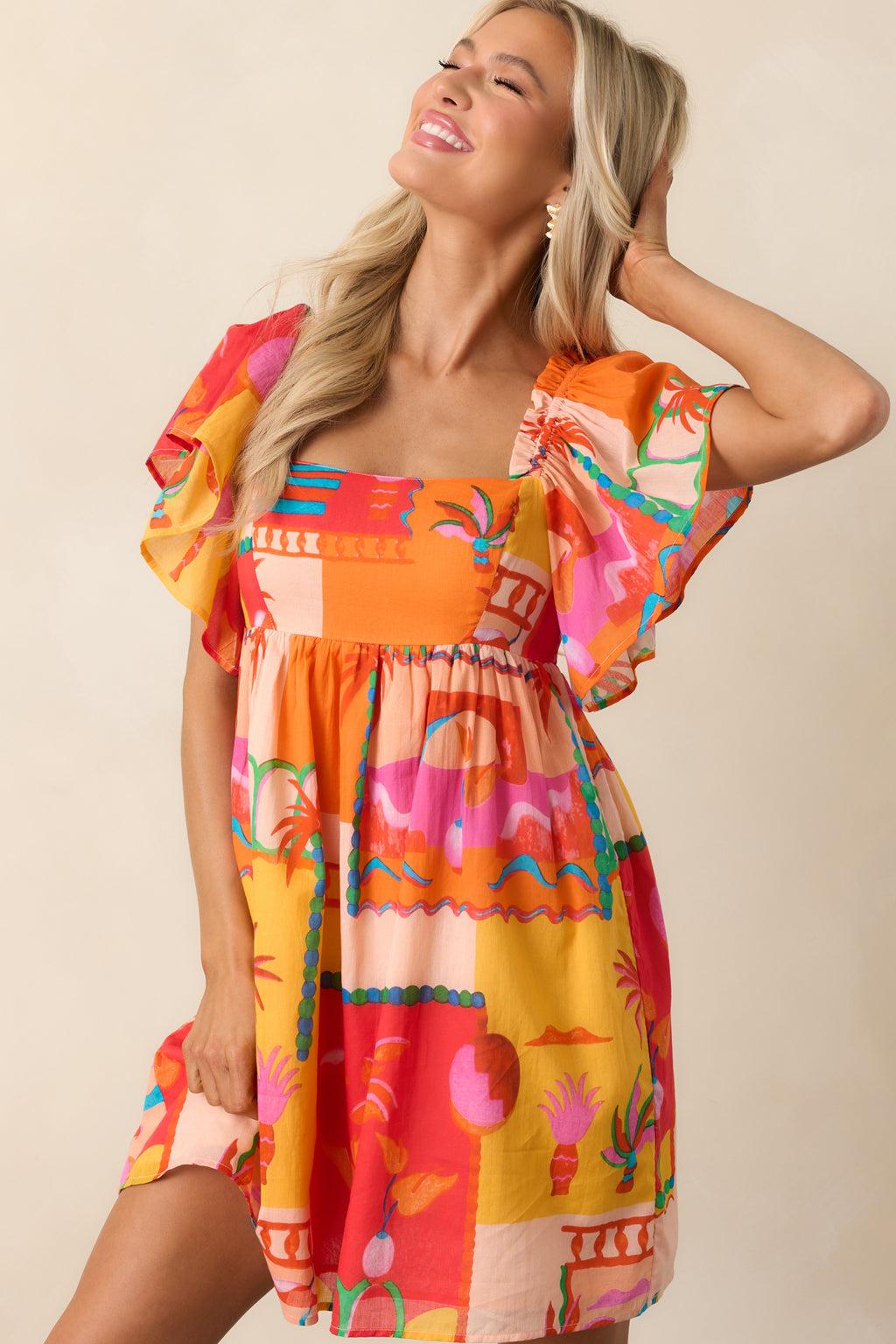 By The Shore Orange Tropical Print Cotton Mini Dress Product Image