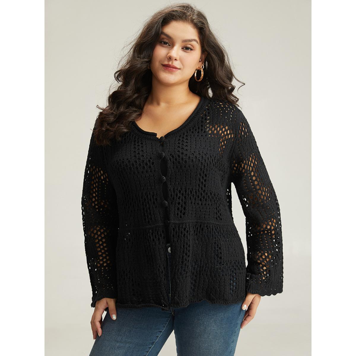 Plus Size Plain Hollow Out Button Through Bell Sleeve Cardigan Black Women Casual Loose Long Sleeve Everyday Cardigans BloomChic 26/4X Product Image