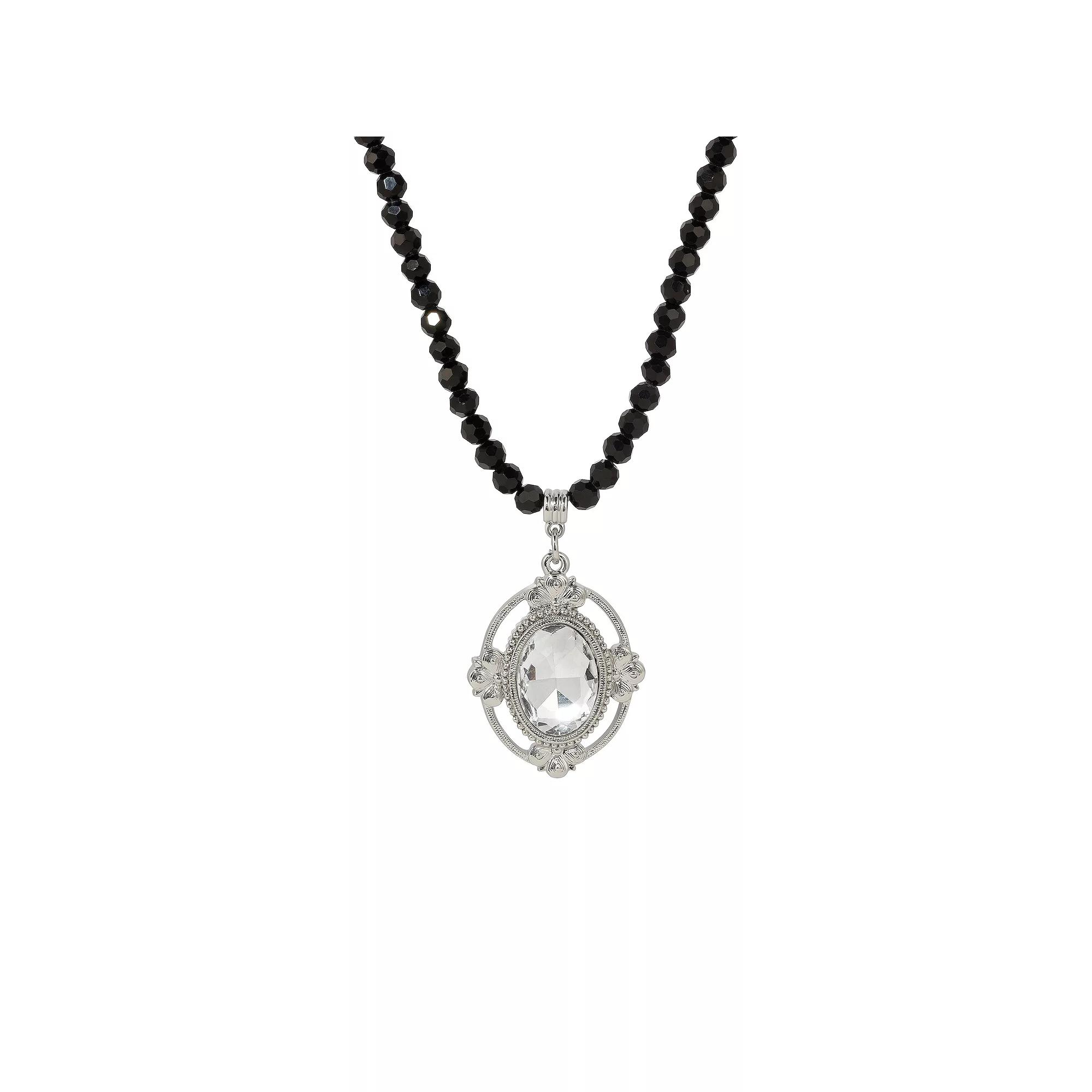 1928 Crystal Faceted Oval Pendant Black Beaded Necklace, Womens, White Silver Product Image